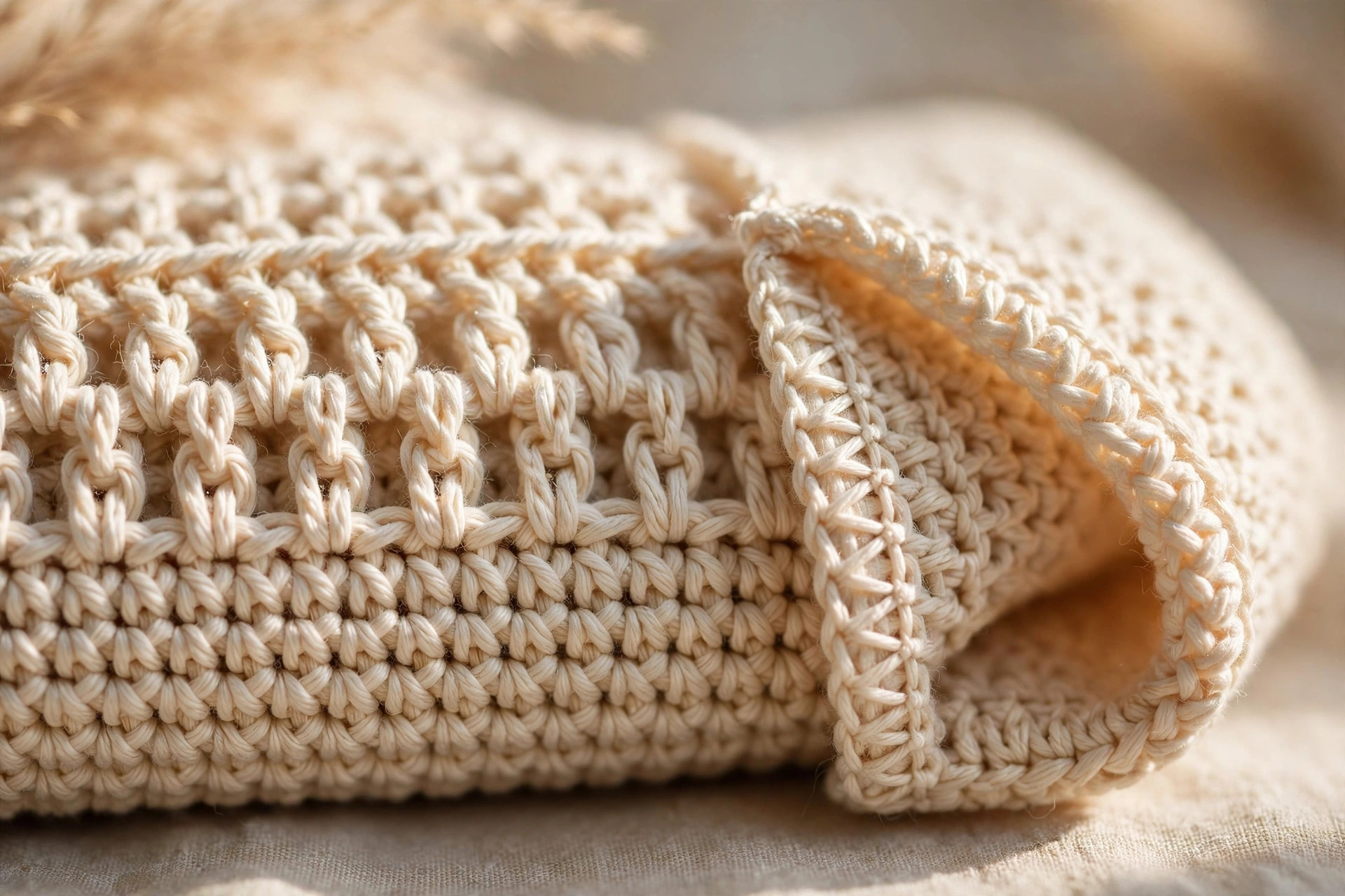 Close-up of cream lemon-peel crochet texture and a folded pocket edge with whipstitched seam — free crochet pocket scarf pattern