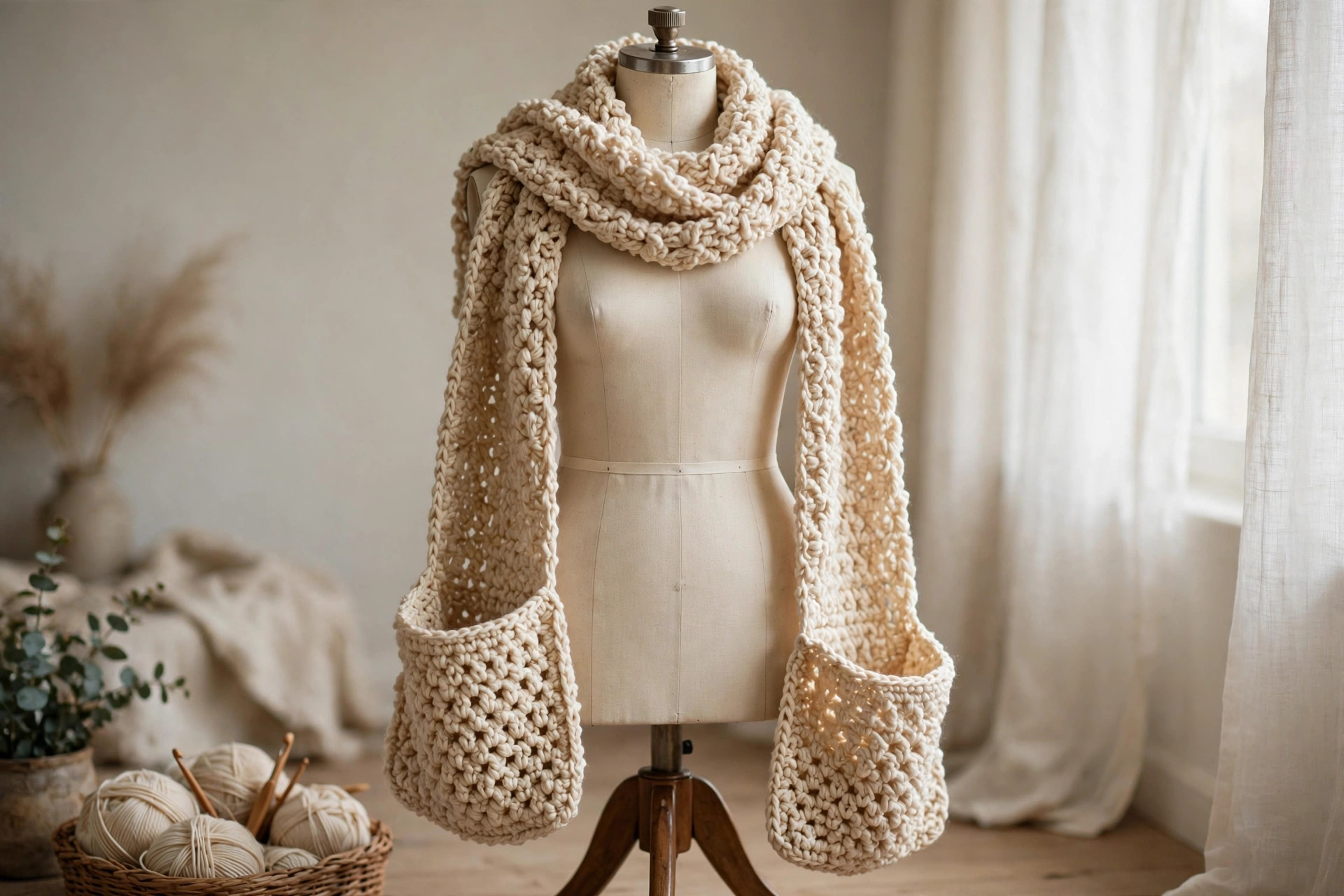 Cream crochet pocket scarf draped on a dress form showing full length with pockets at each end — free crochet pocket scarf pattern