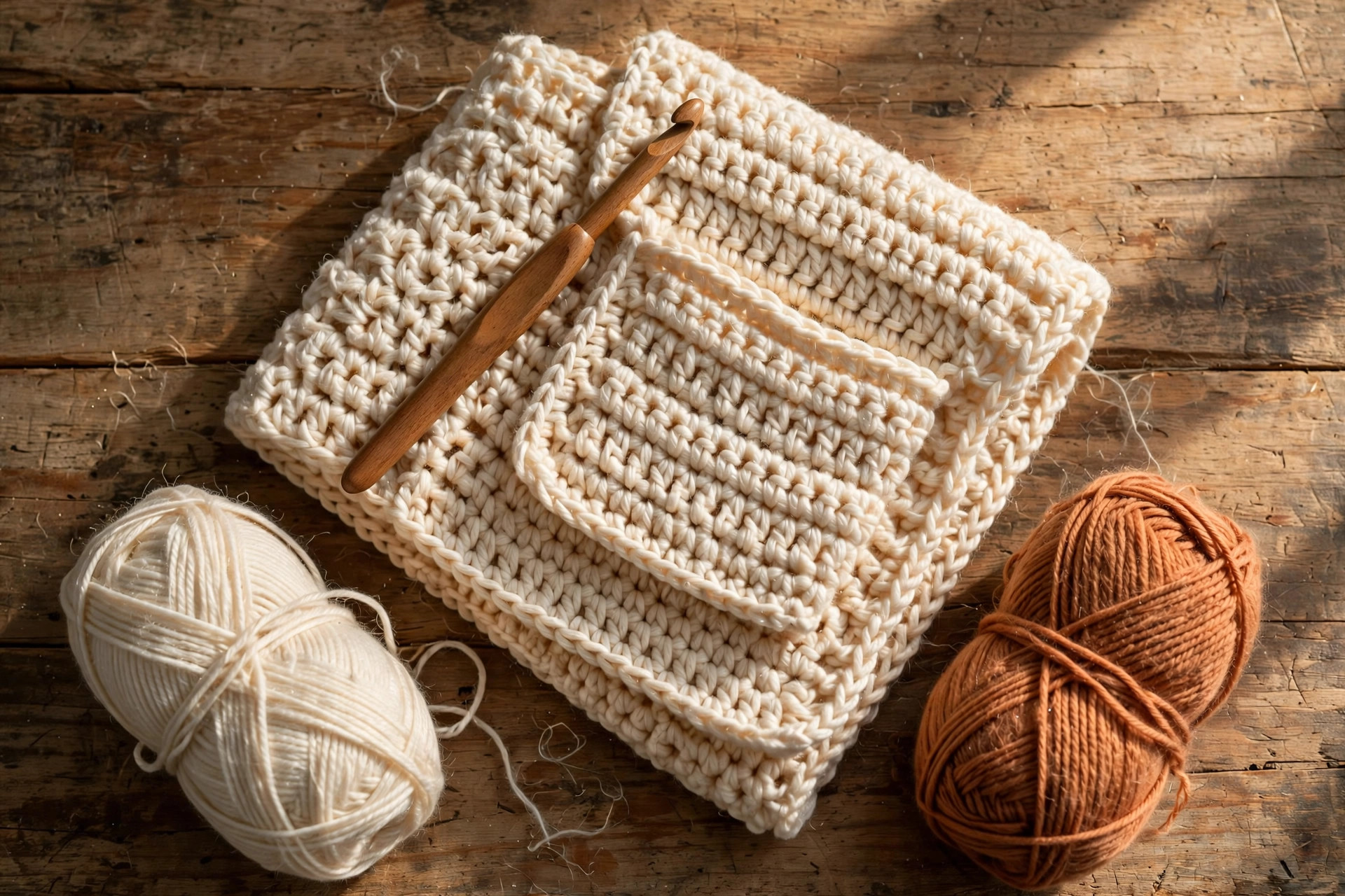 Folded cream crochet pocket scarf with wooden crochet hook and yarn skeins — free crochet pocket scarf pattern