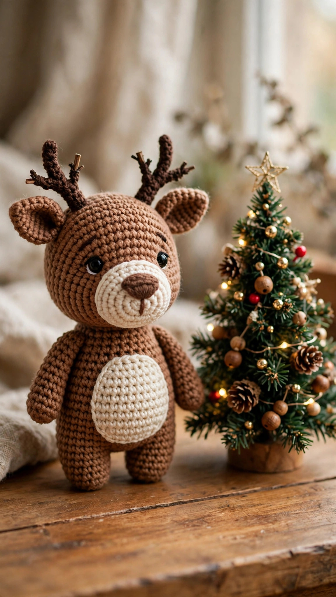 Crochet reindeer pattern free — warm brown amigurumi reindeer plush with cream muzzle and belly patch and dark brown branched antlers beside a small Christmas tree