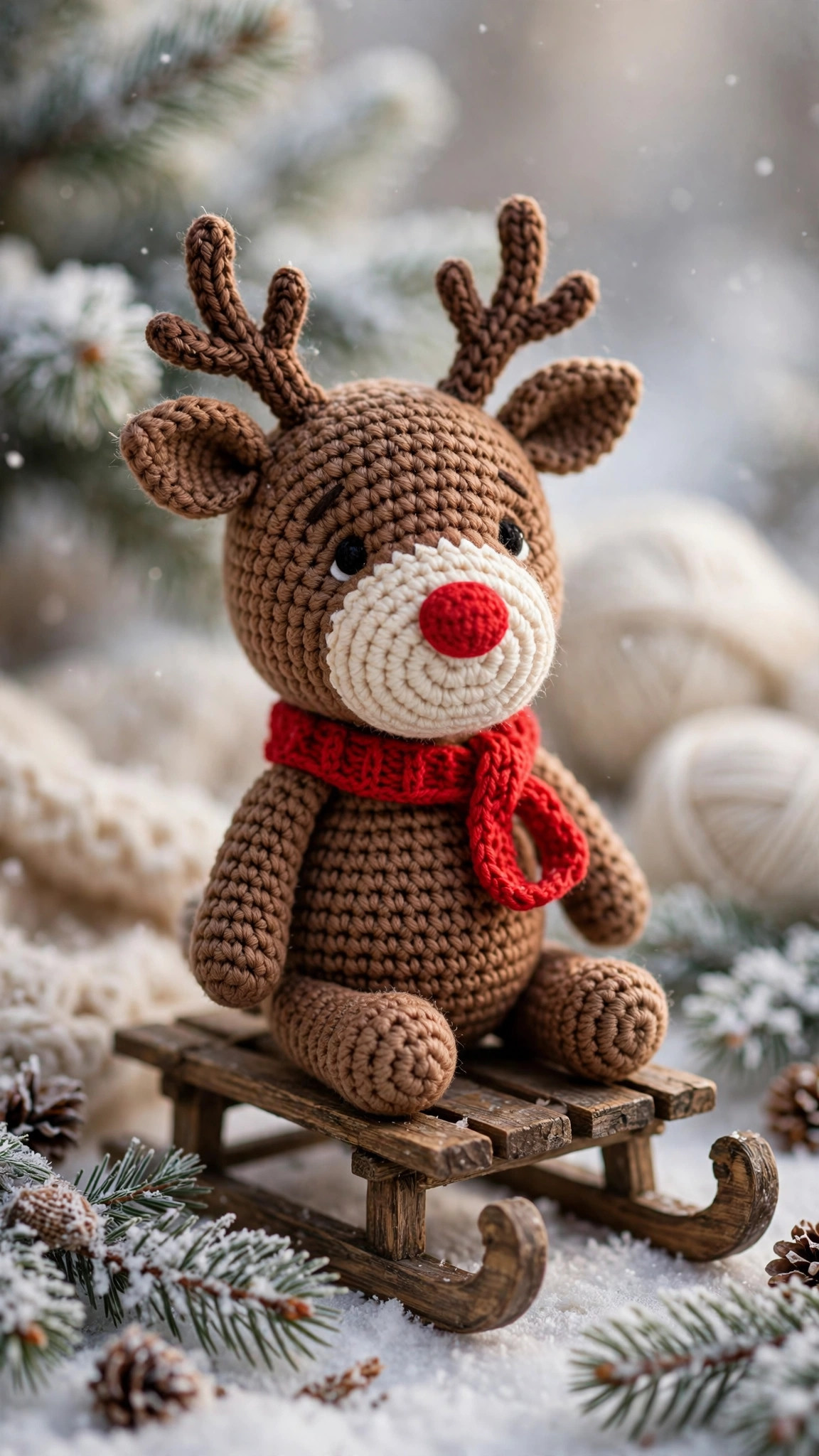 Crochet reindeer plush with a plain red nose and a tiny red scarf sitting on a small wooden sled