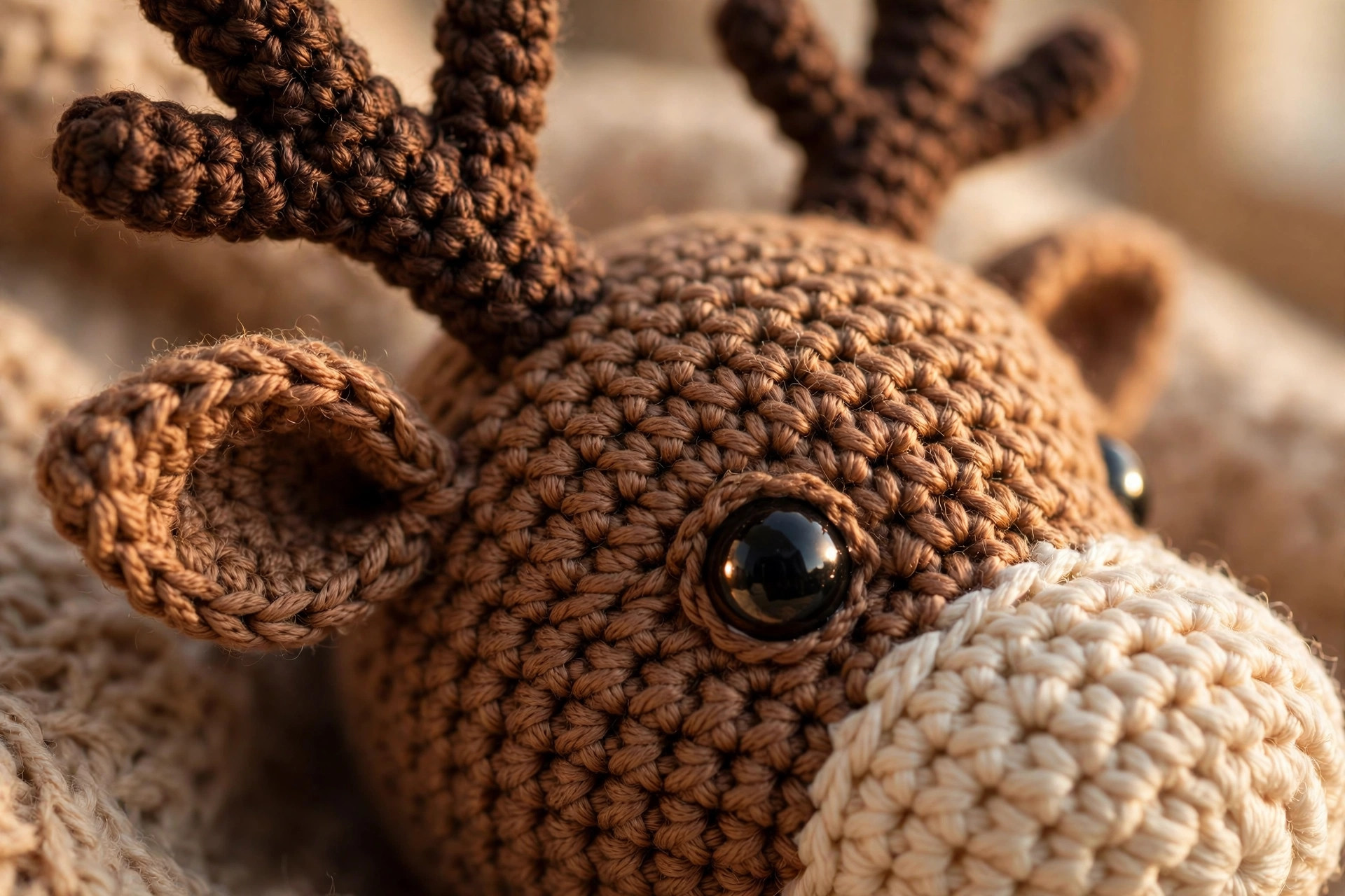 Close-up of a crochet reindeer head showing a branched dark brown antler, a small ear, cream muzzle and neat single crochet stitching