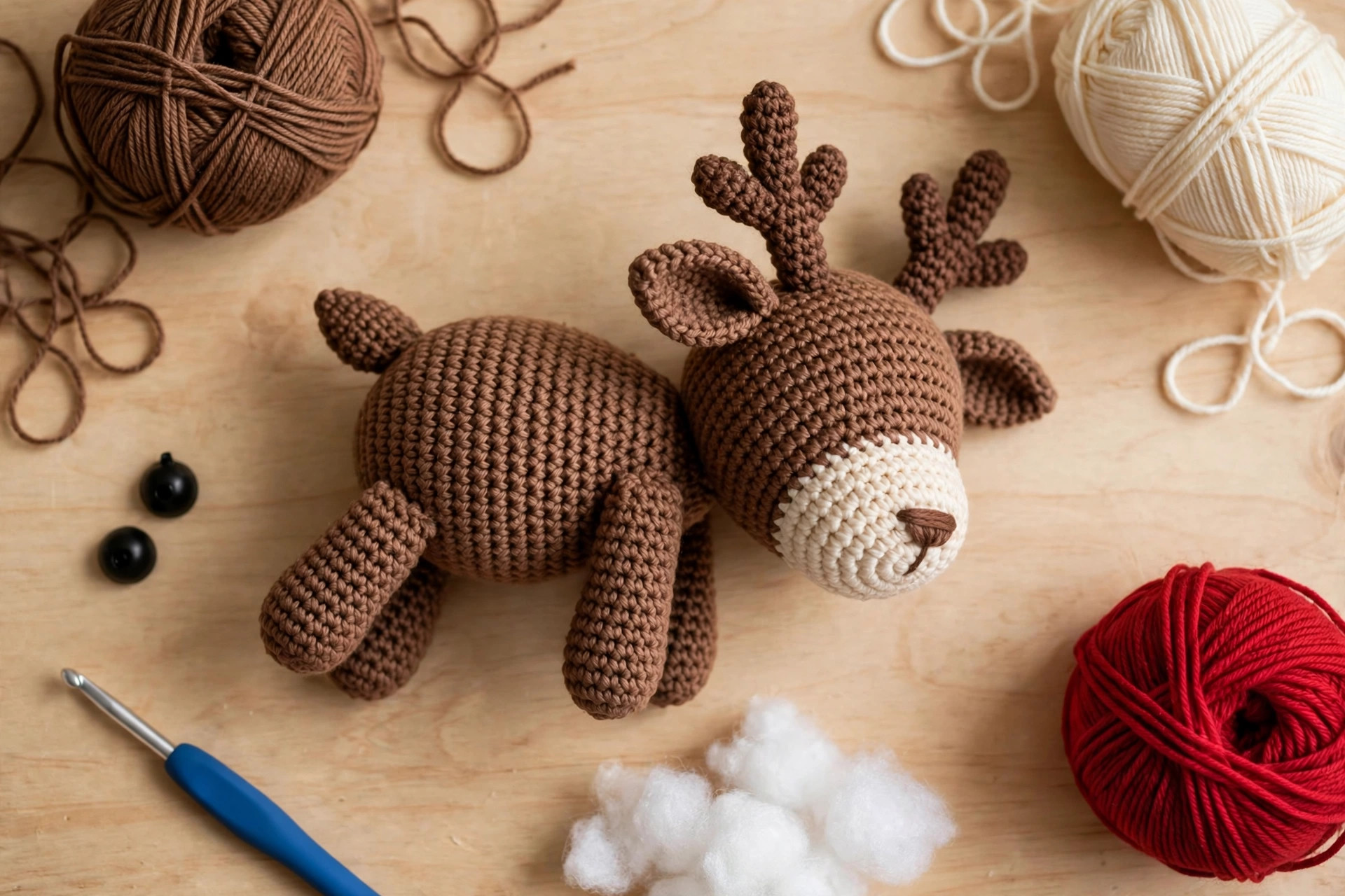 Overhead flat lay of a finished crochet reindeer with balls of brown, cream and red yarn, a crochet hook, safety eyes and stuffing