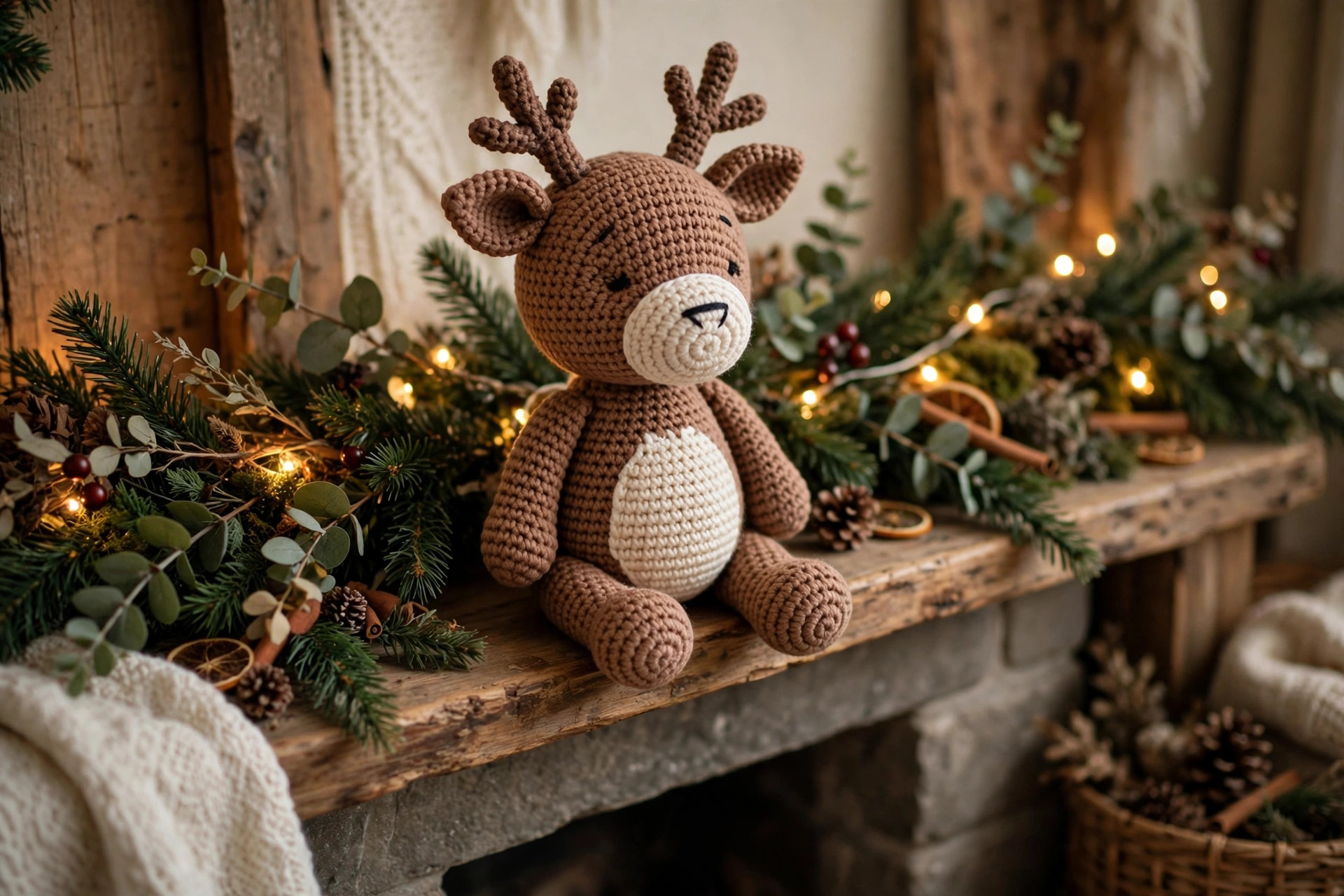 Crochet reindeer plush styled on a mantel with green garland and warm fairy lights