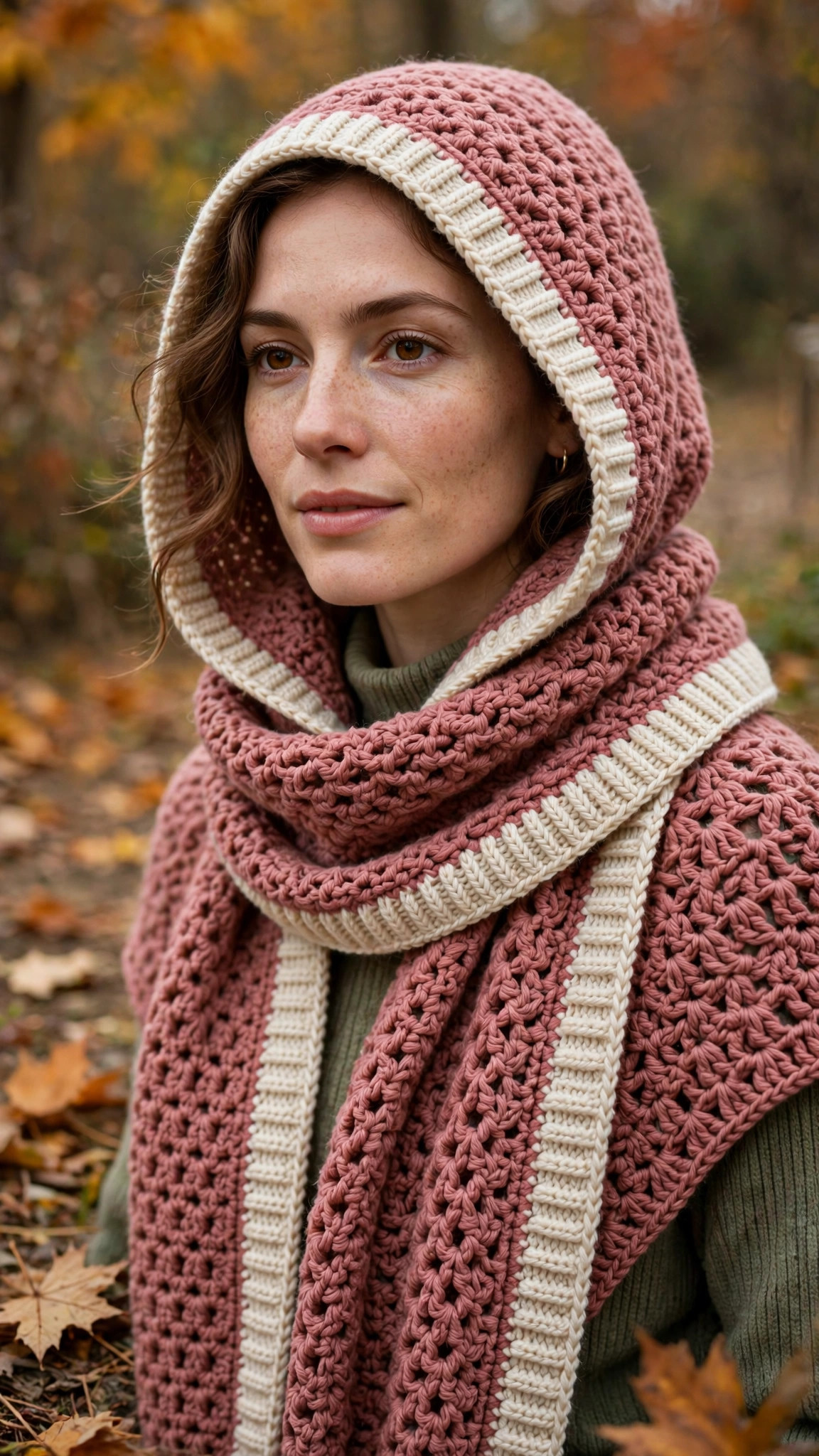 Crochet scoodie free pattern — woman wearing a dusty rose crochet scoodie with cream ribbed edge, hood up and scarf wrapped around her neck