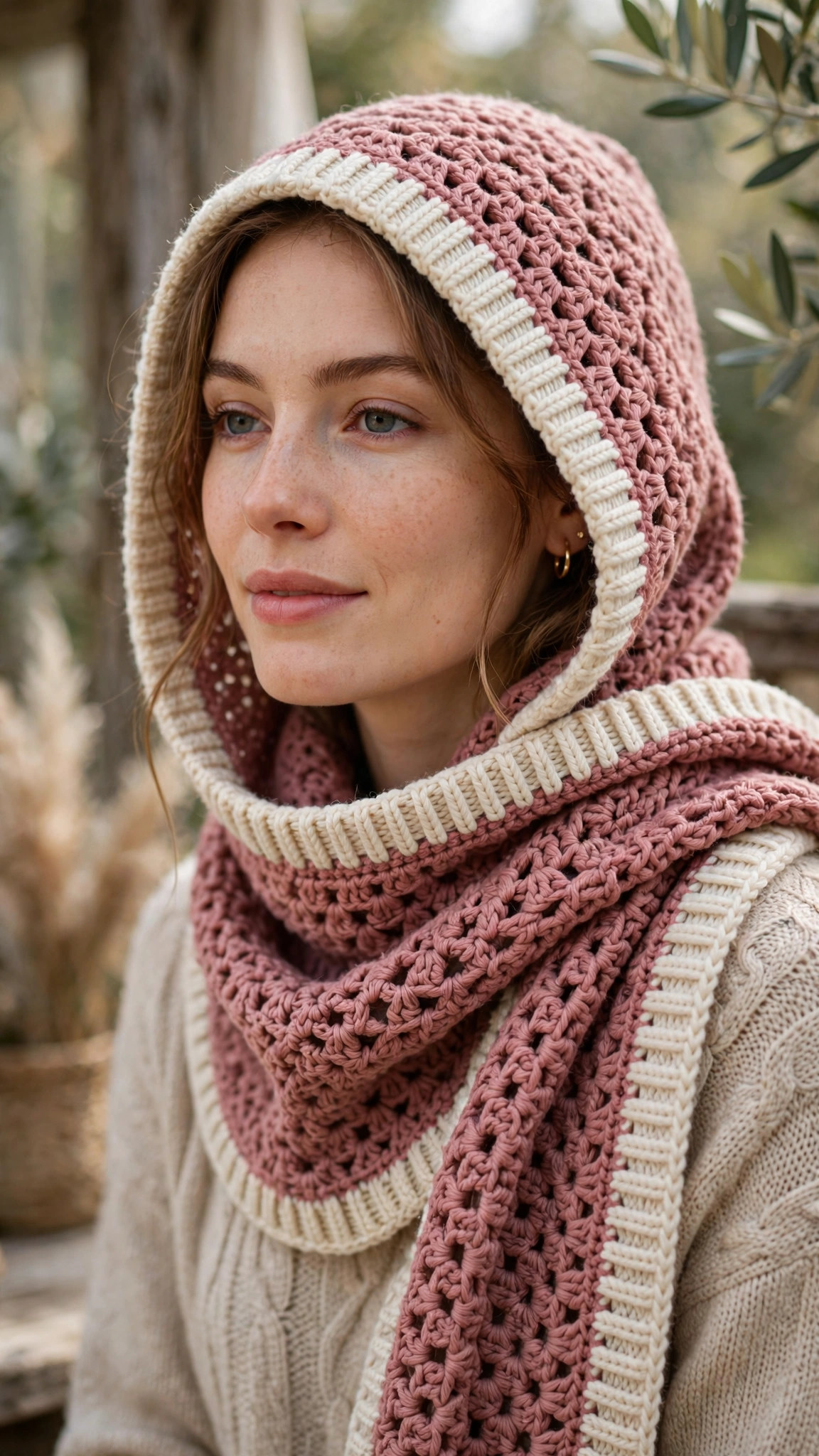 Dusty rose crochet scoodie with cream ribbed edge, a woman wearing the hood up with the scarf wrapped around her neck — free crochet scoodie pattern