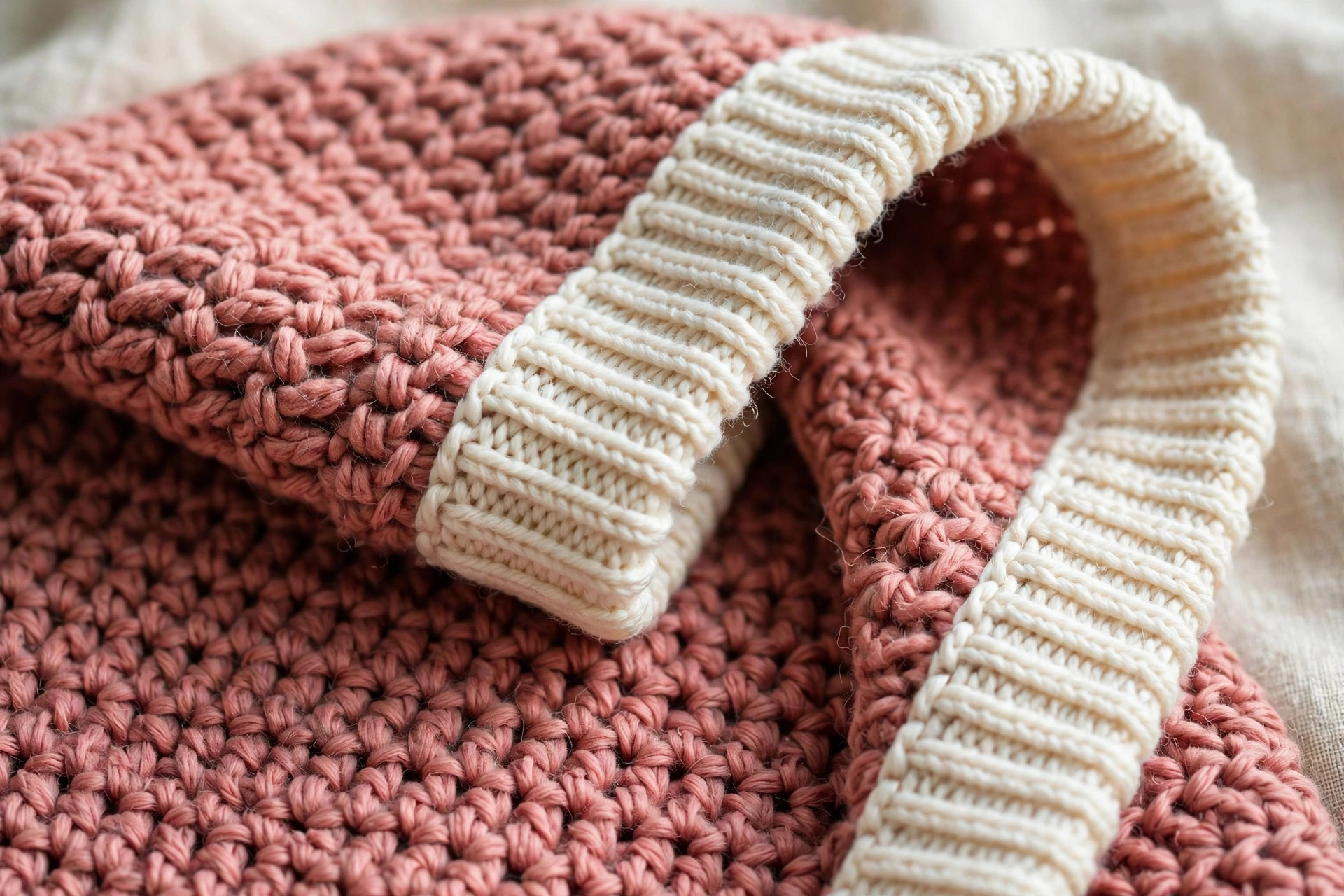 Close-up of dusty rose crochet fabric with cream ribbed edging on a scoodie hood