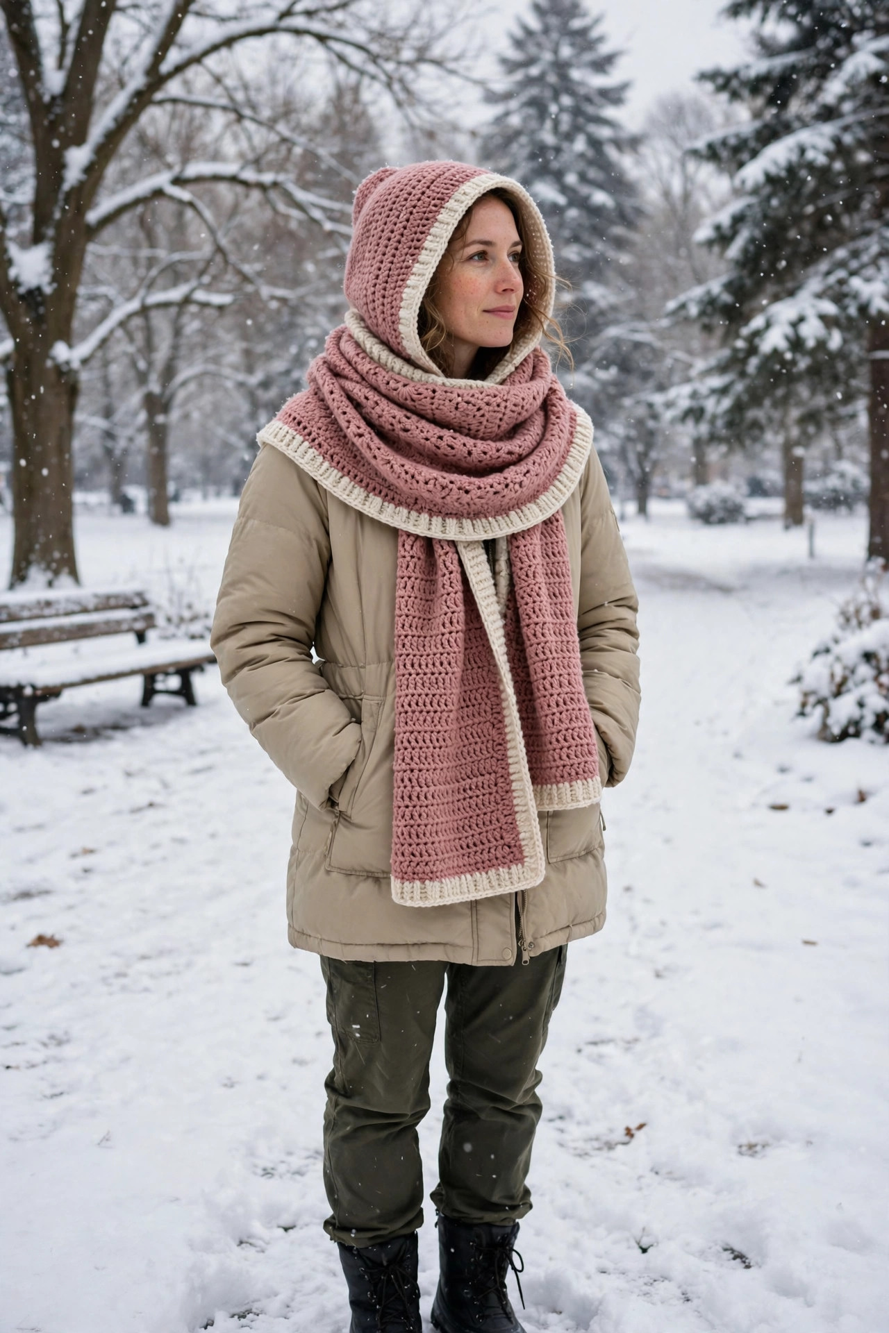 Woman wearing a dusty rose crochet scoodie with cream ribbed edge, hood up and scarf wrapped, standing in a snowy park