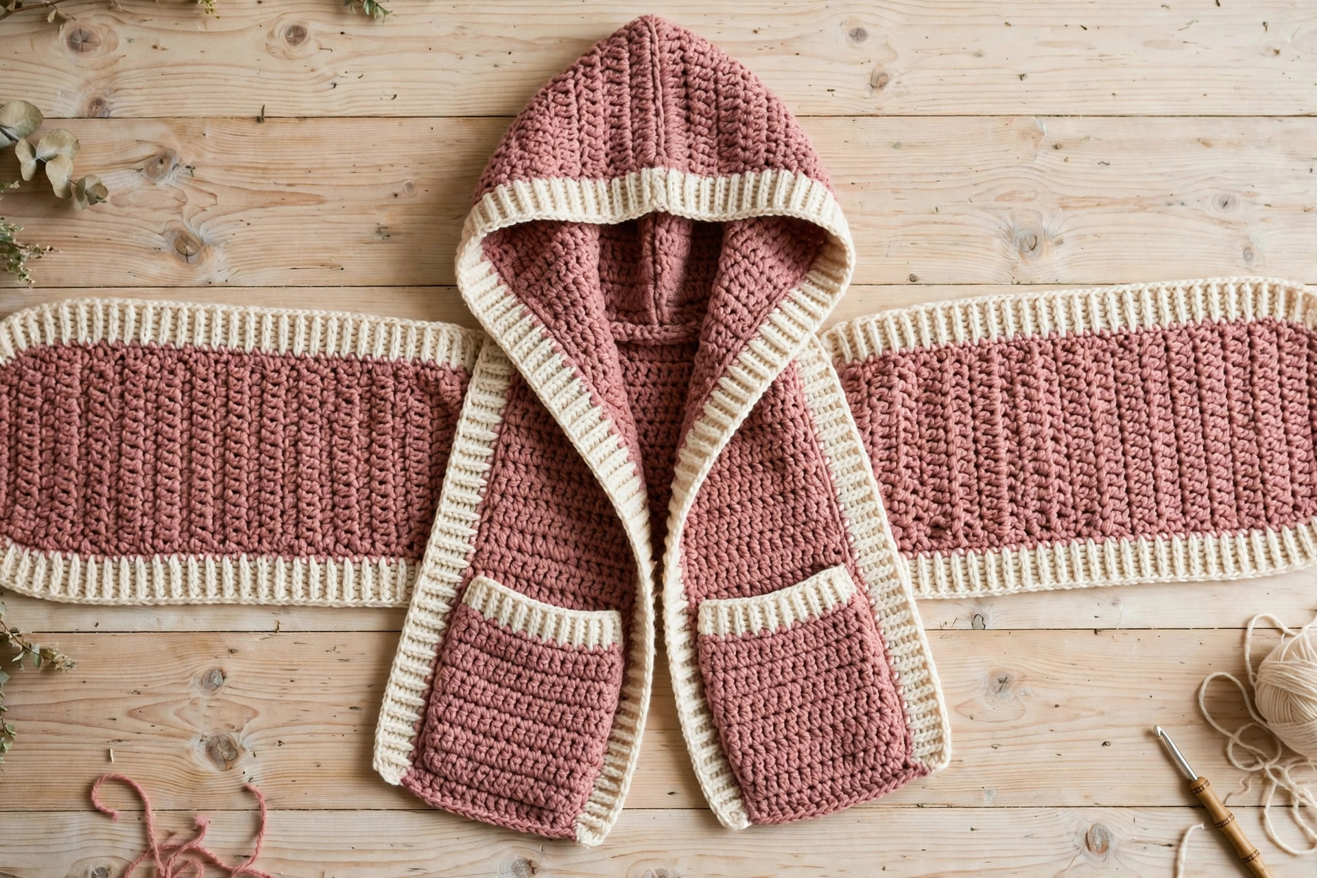 Flat lay of the finished dusty rose crochet scoodie with cream ribbed edge, hood, long scarf and two pockets, on a wooden floor — free crochet scoodie pattern