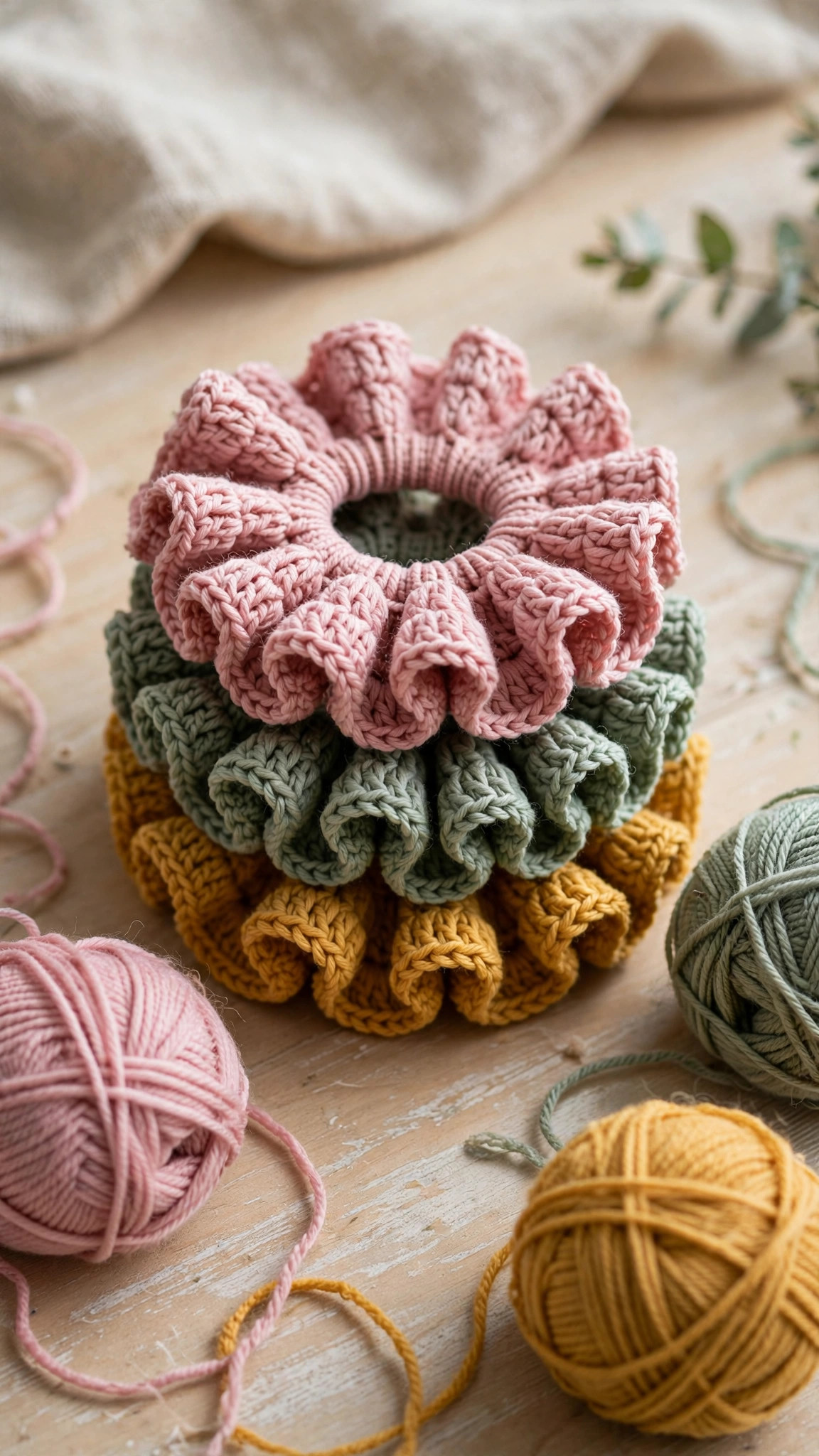 Crochet scrunchies patterns free — three crochet scrunchies in dusty pink, sage green and mustard yellow stacked on a wooden table