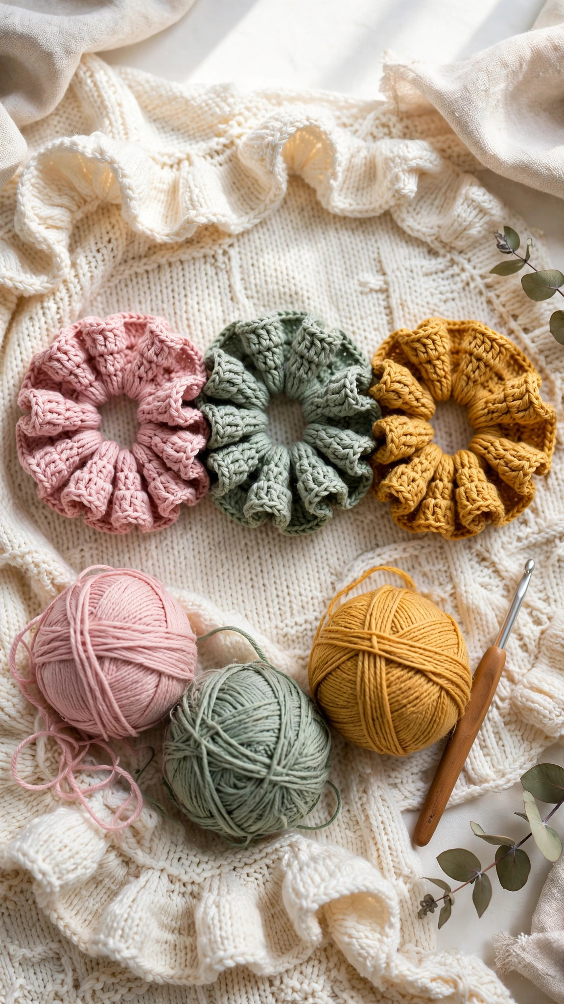 Three crochet scrunchies in dusty pink, sage green and mustard yellow, stacked on a wooden table with yarn — crochet scrunchies patterns free