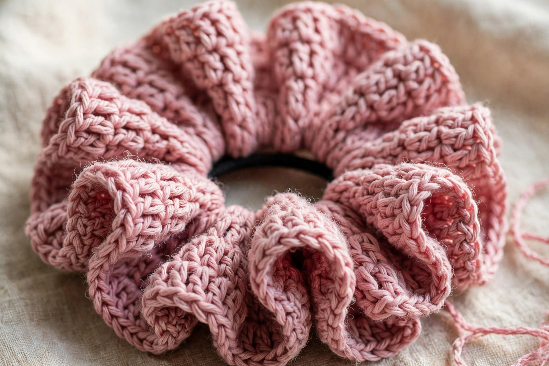 Close-up of a dusty pink crochet scrunchie showing the soft ruffle and double crochet stitches around the elastic hair tie