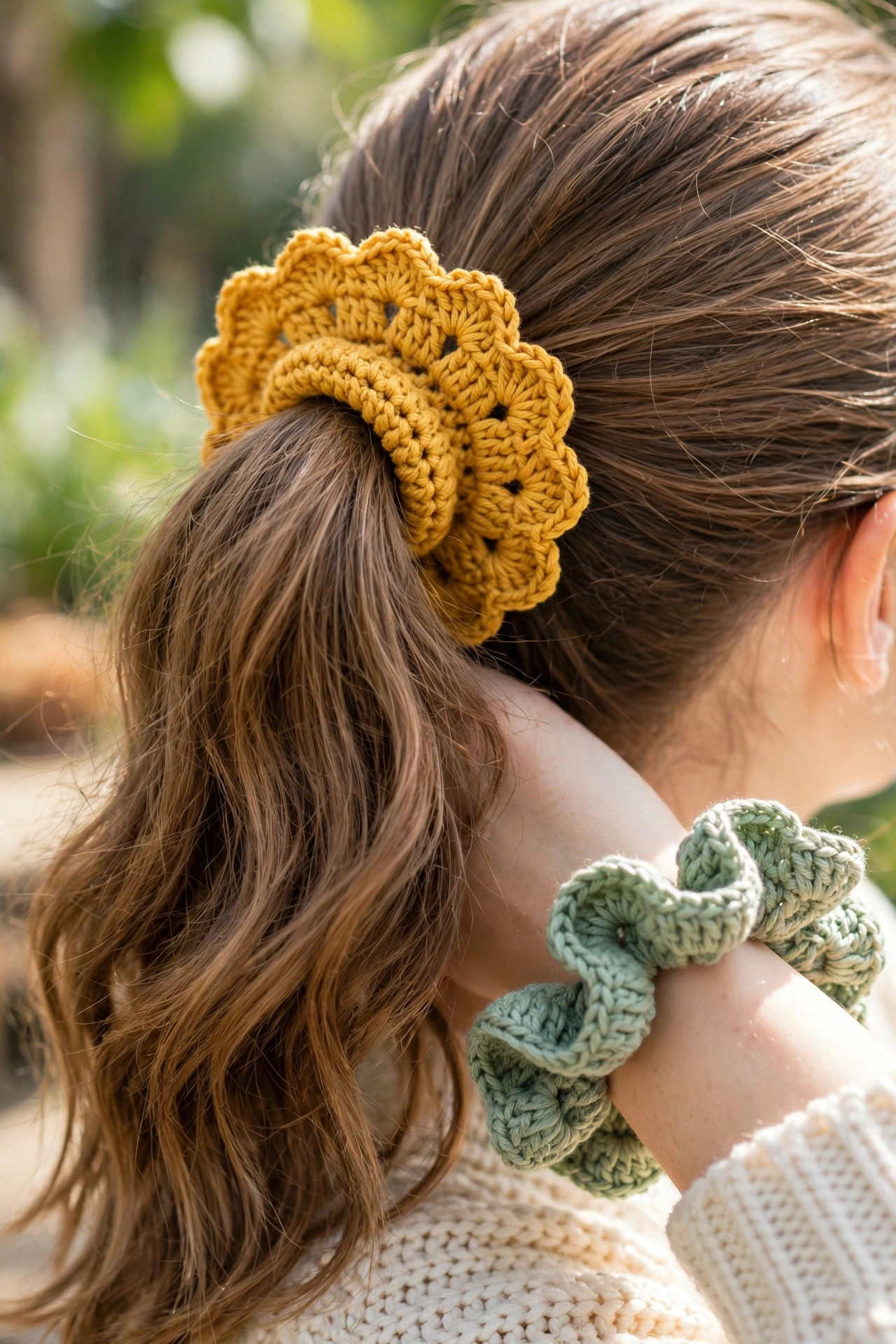 A mustard yellow crochet scrunchie with a shell edge worn in a ponytail, beside a sage green scrunchie on a wrist
