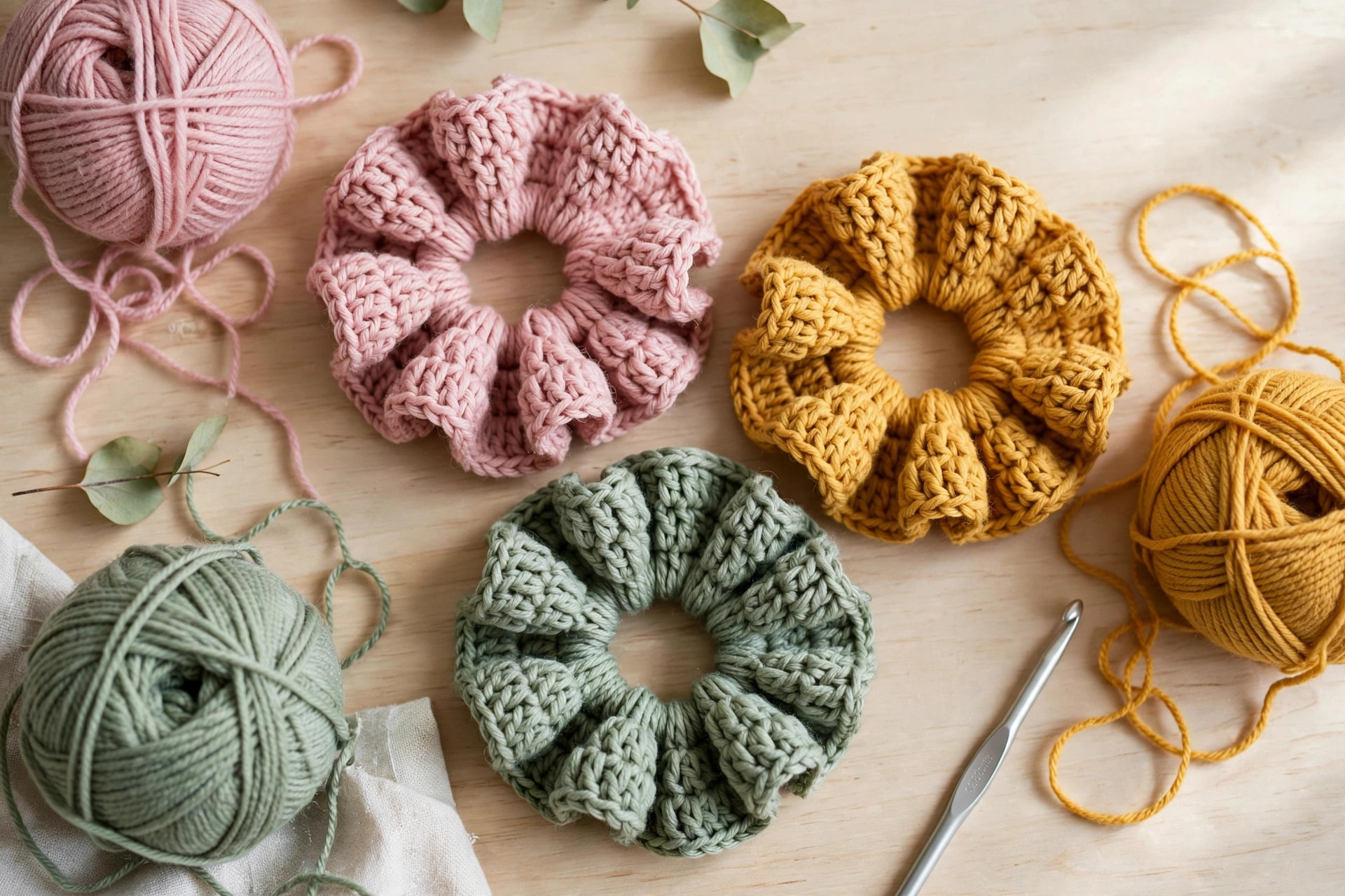 Flat lay of three finished crochet scrunchies in dusty pink, sage green and mustard yellow, with yarn balls and a crochet hook