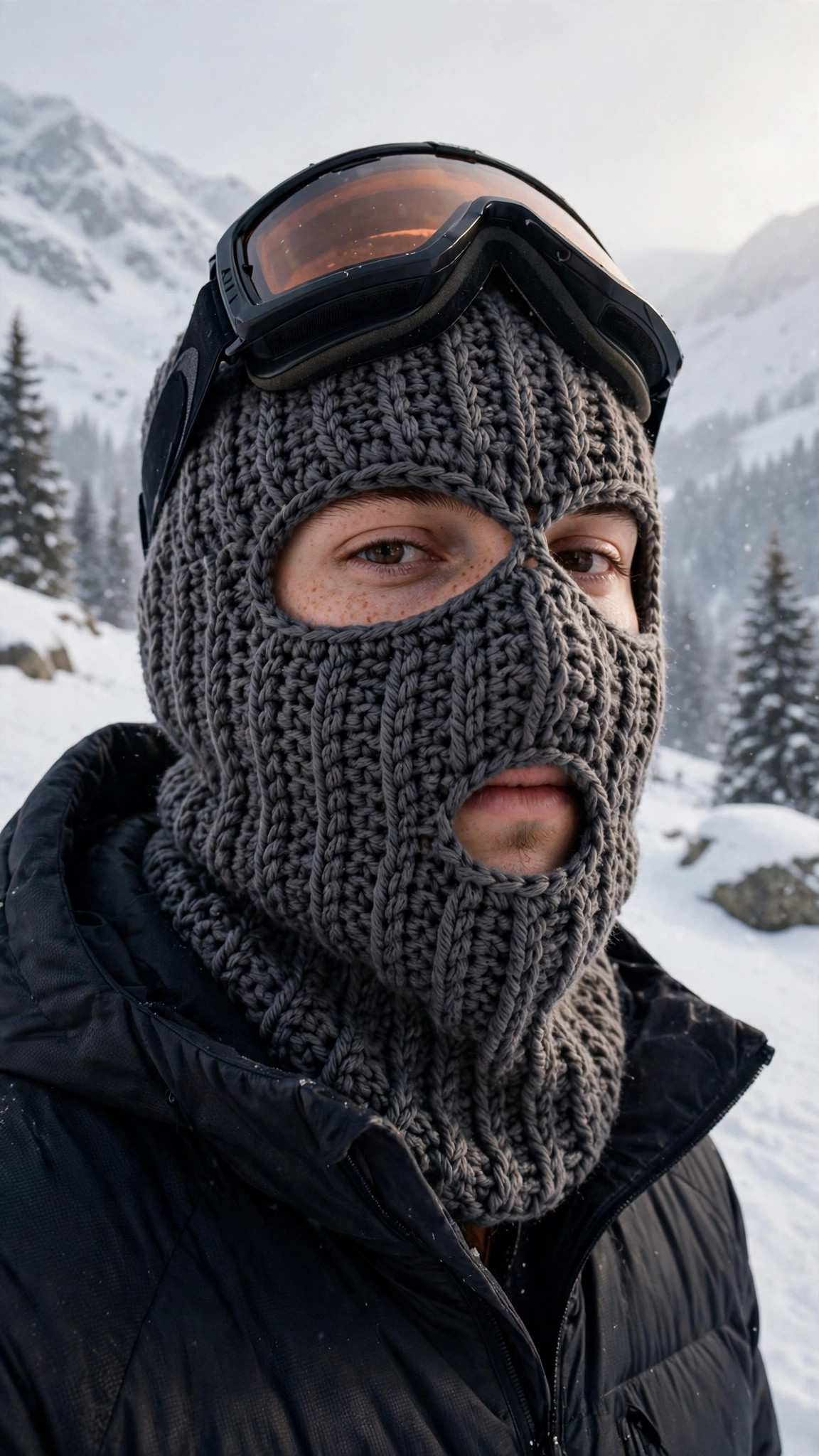 Crochet ski mask pattern free — handmade balaclava in charcoal grey yarn worn with ski gear in a snowy mountain scene
