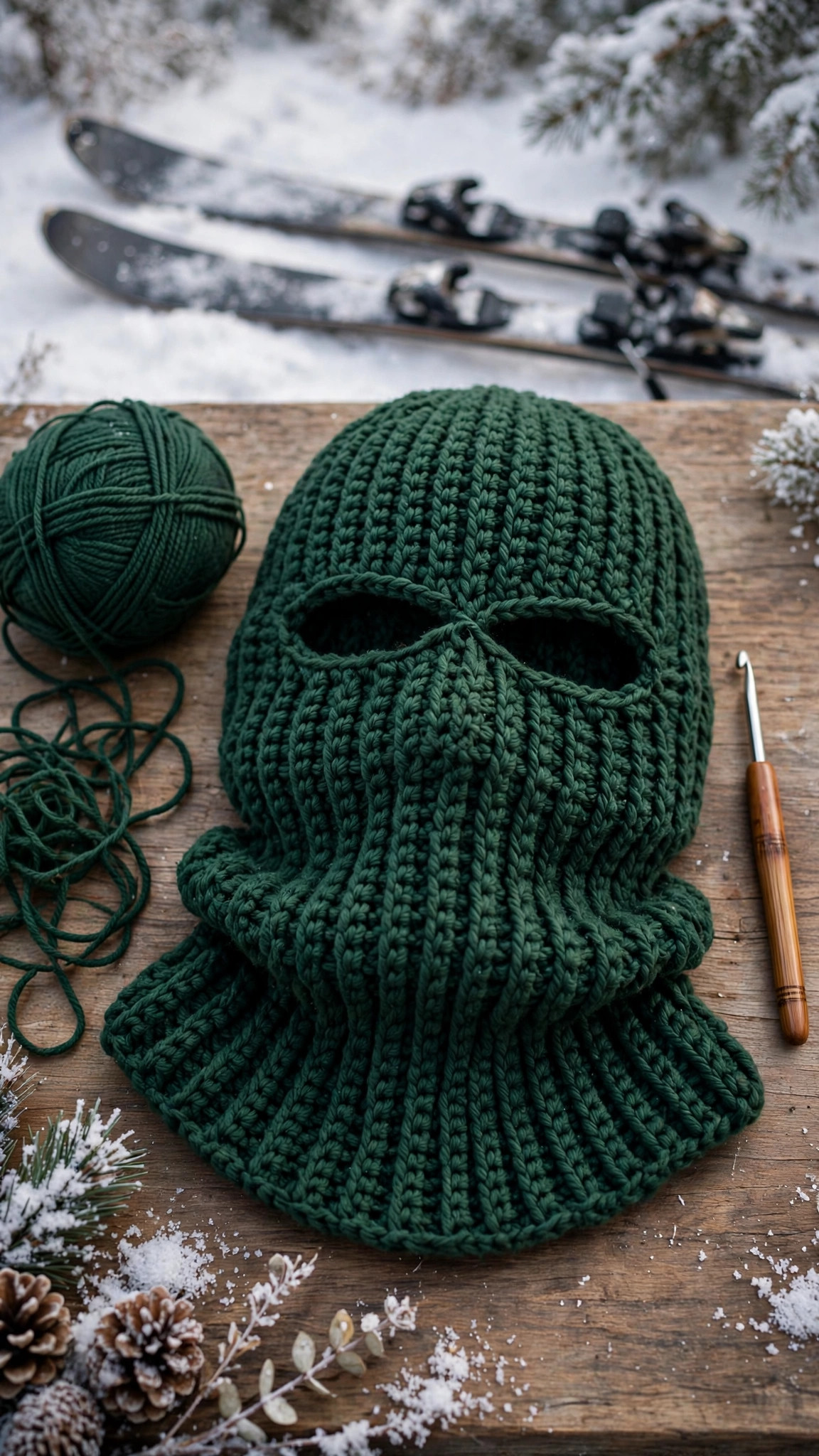 Crochet balaclava ski mask in forest green yarn in a winter flat lay with yarn ball, crochet hook and skis