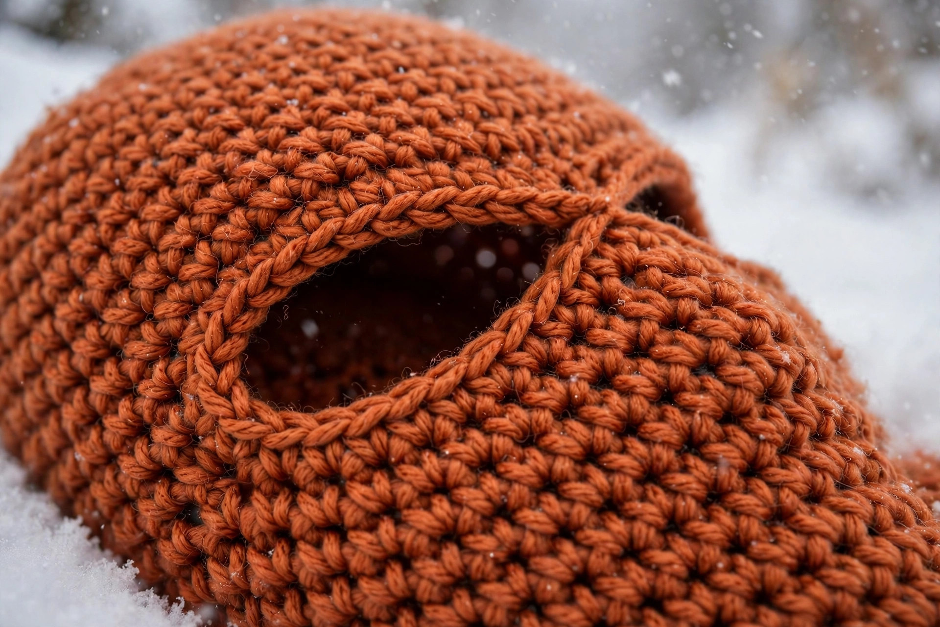 Close-up detail of a rust orange crochet balaclava ski mask showing the eye opening edge and half double crochet stitch texture