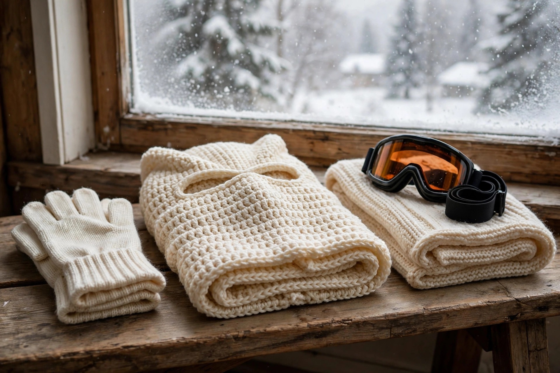 Cream crochet balaclava ski mask folded with winter gloves, scarf and ski goggles beside a snowy window
