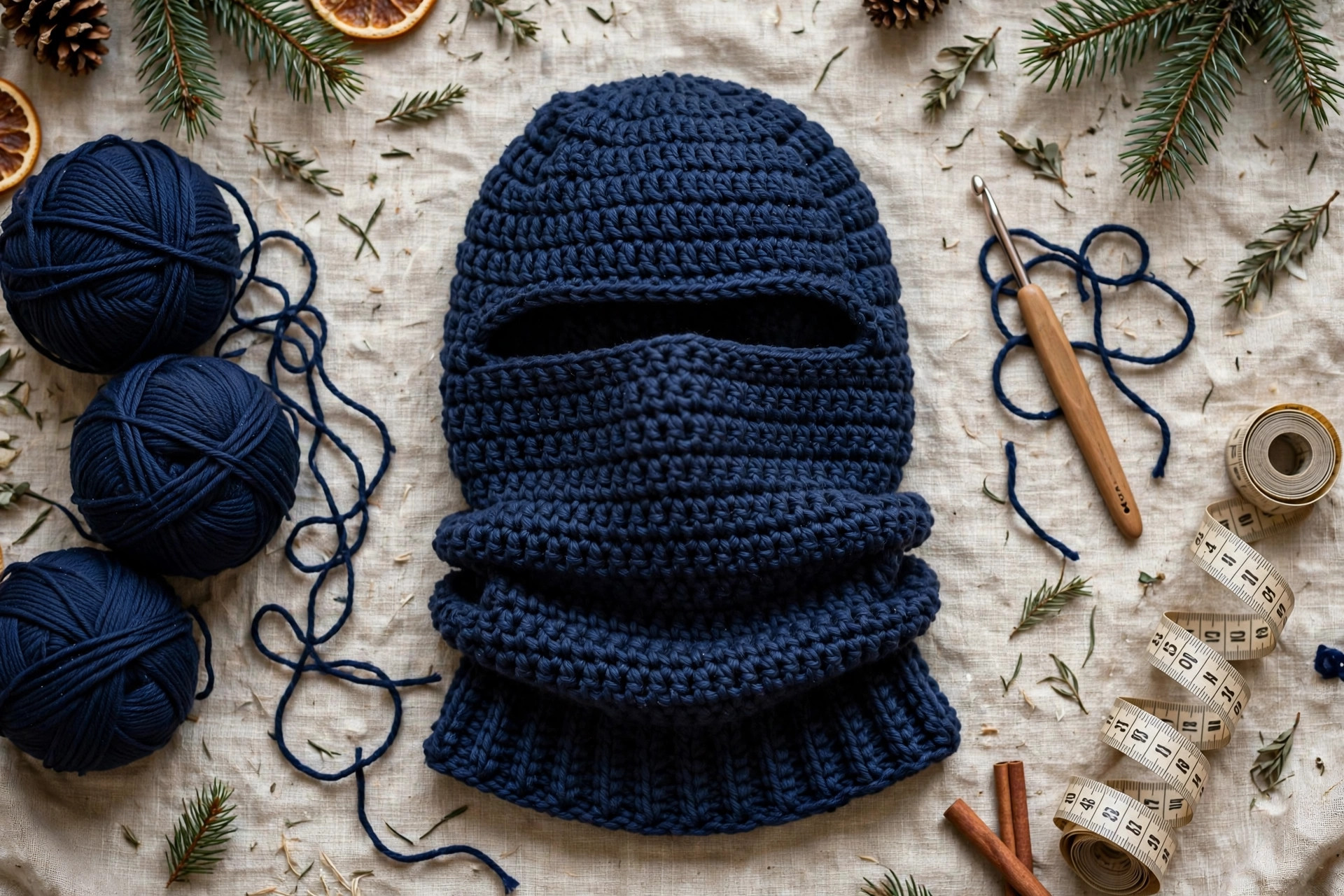 Overhead flat lay of a navy blue crochet balaclava ski mask with worsted yarn balls, crochet hook and tape measure on linen