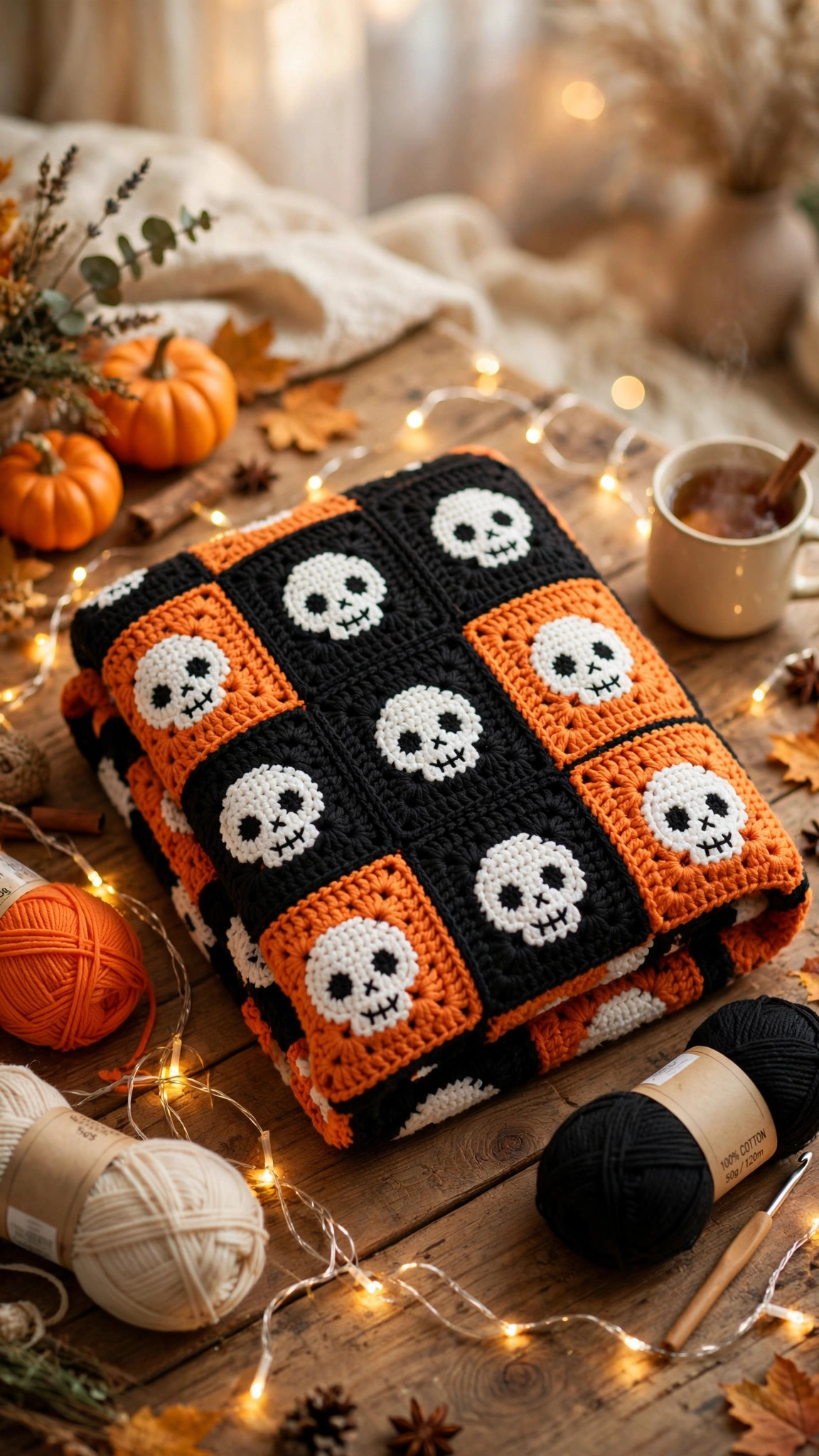 Pinterest-style crochet skull blanket folded with yarn balls and autumn styling — free crochet skull blanket pattern