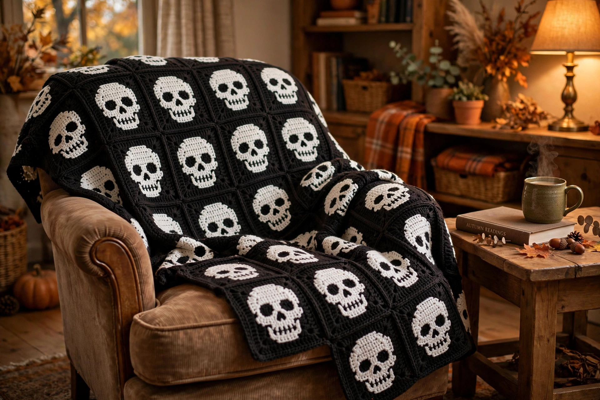 Crochet skull blanket draped over an armchair in a cozy living room with warm lamp light