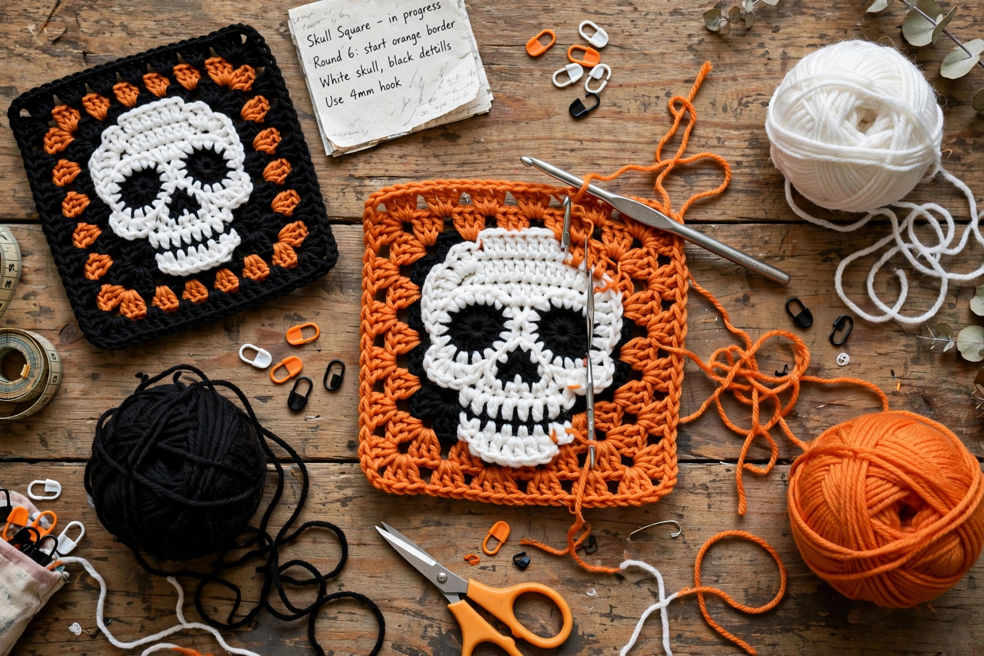 Flat lay of crochet skull blanket squares in progress with black, white and orange yarn, hook and notions