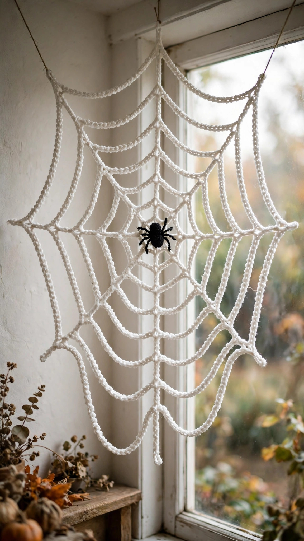 Crochet spider web pattern — white handmade crochet spider web with eight spokes and sagging chain arcs hanging in a window with a small black crochet spider