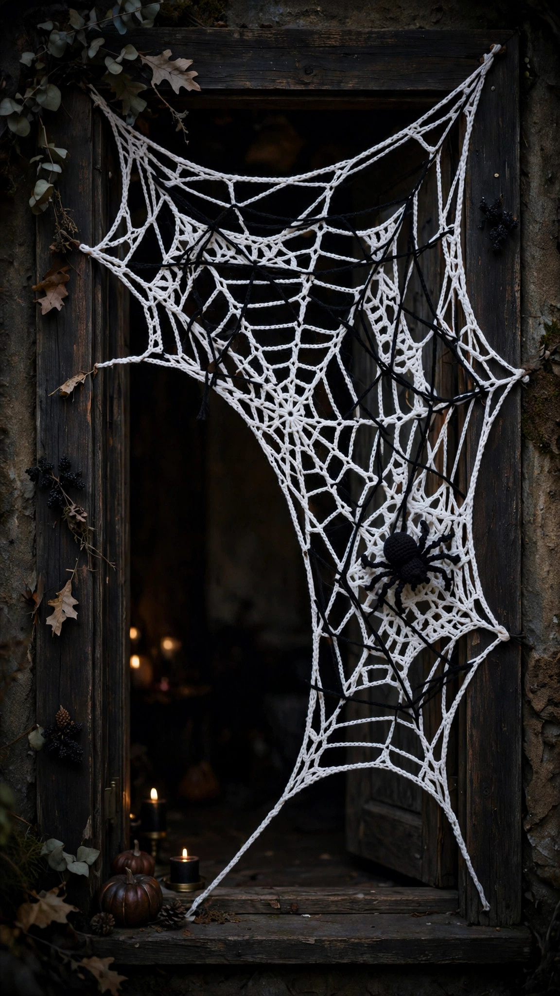 Pinterest-style vertical photo of a handmade white crochet spider web decoration with concentric chain arcs and eight spokes