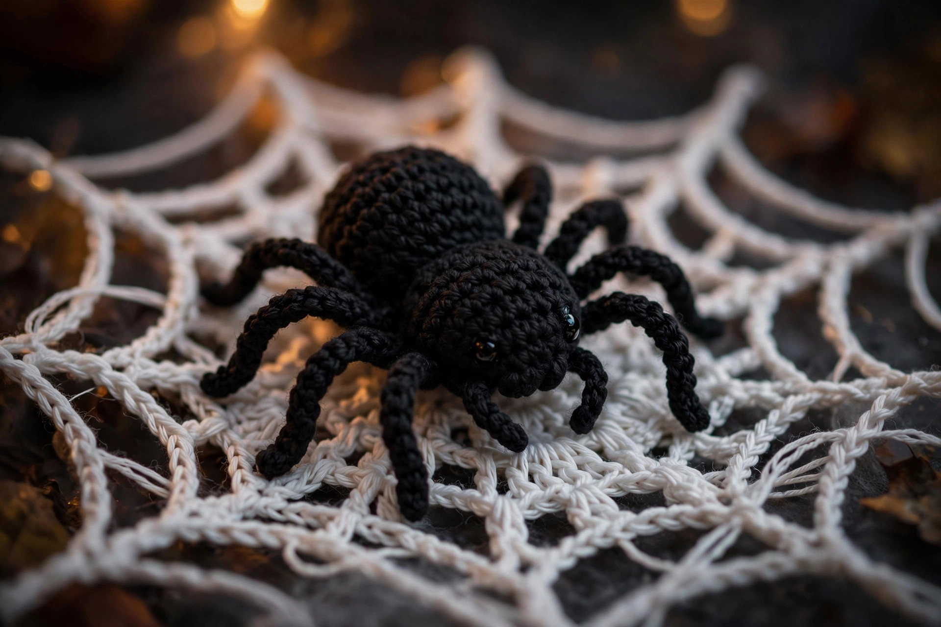Close-up of a small black crochet spider with eight legs sitting on a white crochet spider web
