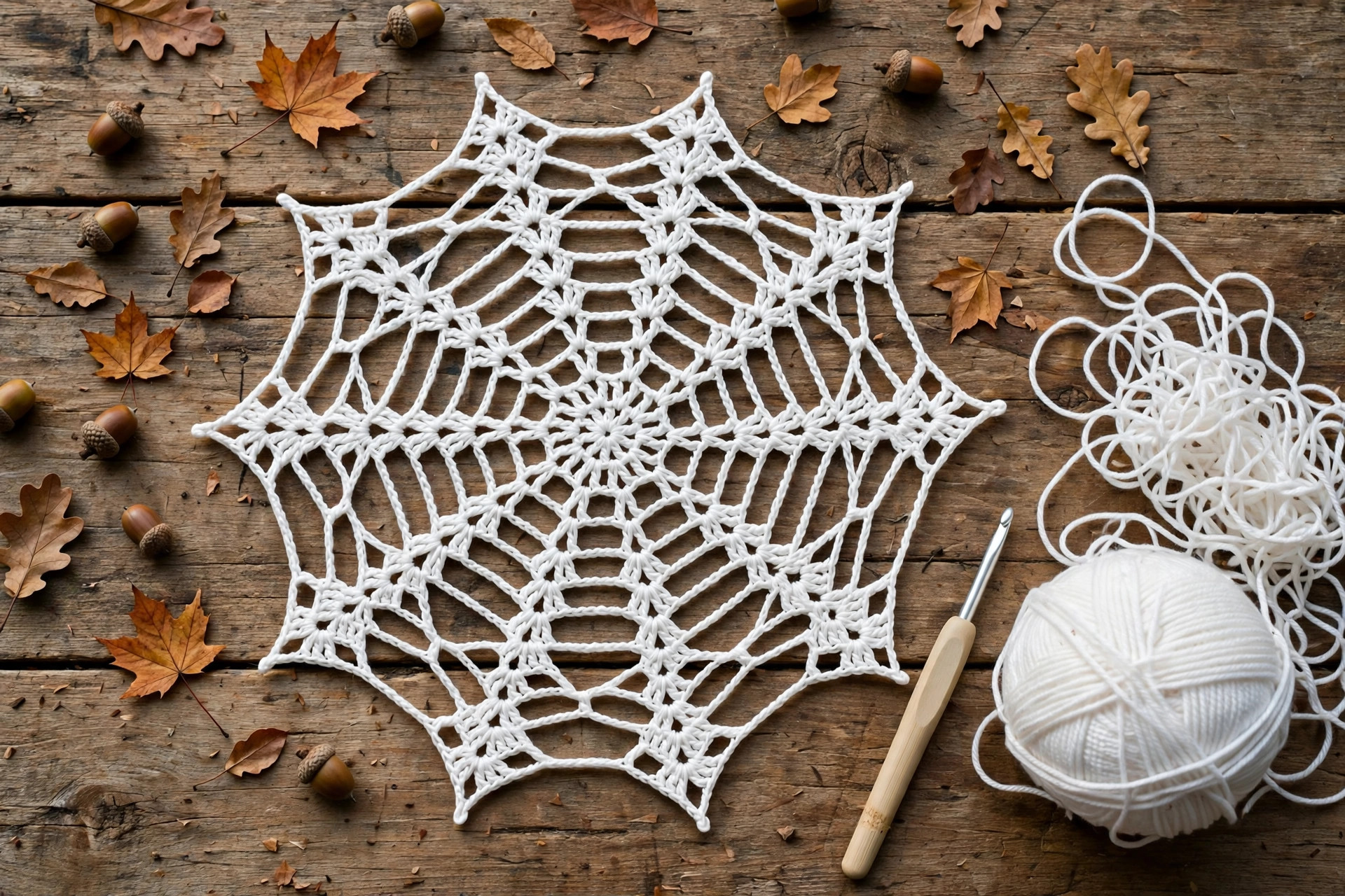 Styled crochet spider web window decoration at dusk with a dangling crochet spider, warm indoor light behind it