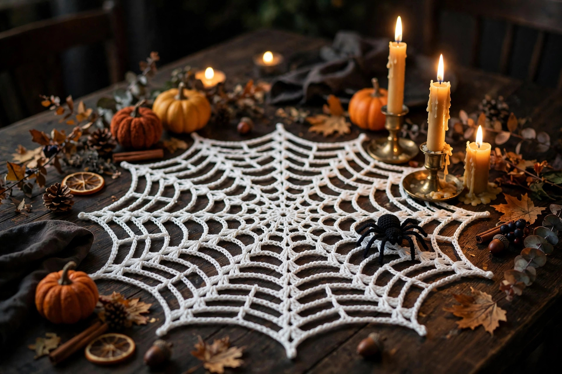 Crochet spider web laid flat as a table centrepiece with candles and autumn decorations