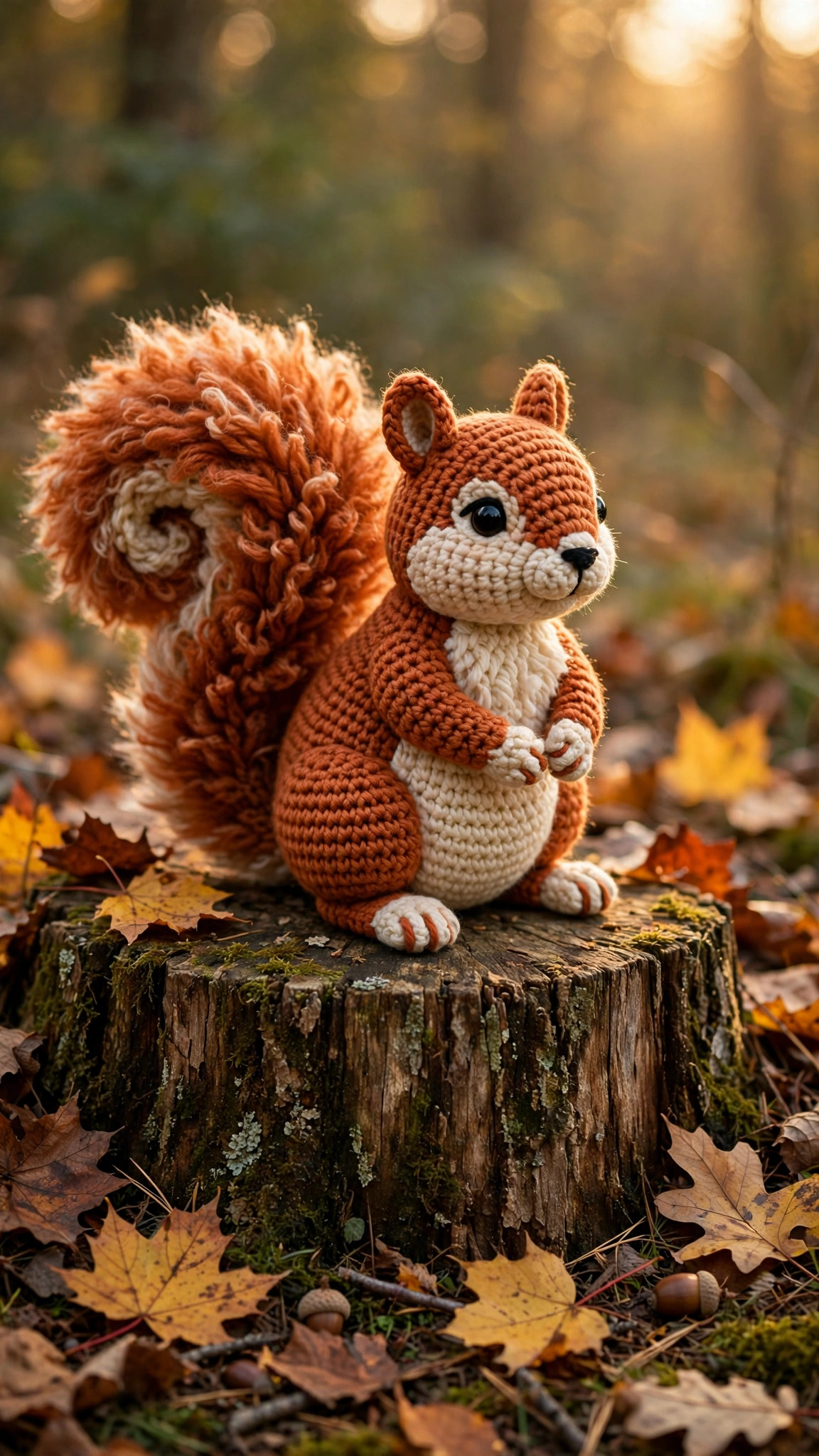 A crochet amigurumi squirrel in rusty orange and cream yarn sitting on a tree stump outdoors, with autumn leaves around