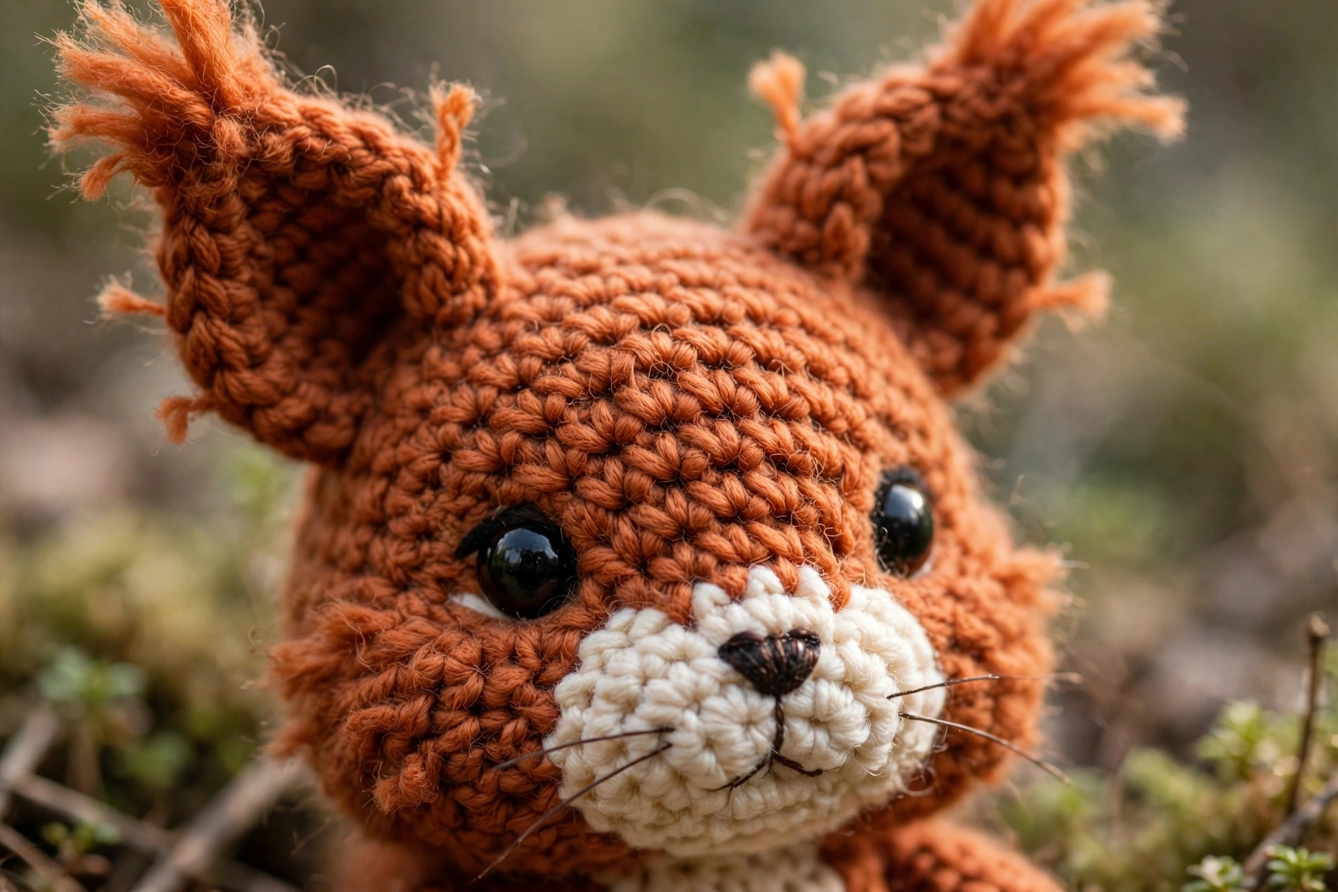 Close-up of a crochet amigurumi squirrel face in rusty orange yarn, with black safety eyes, a cream muzzle and a tiny embroidered nose