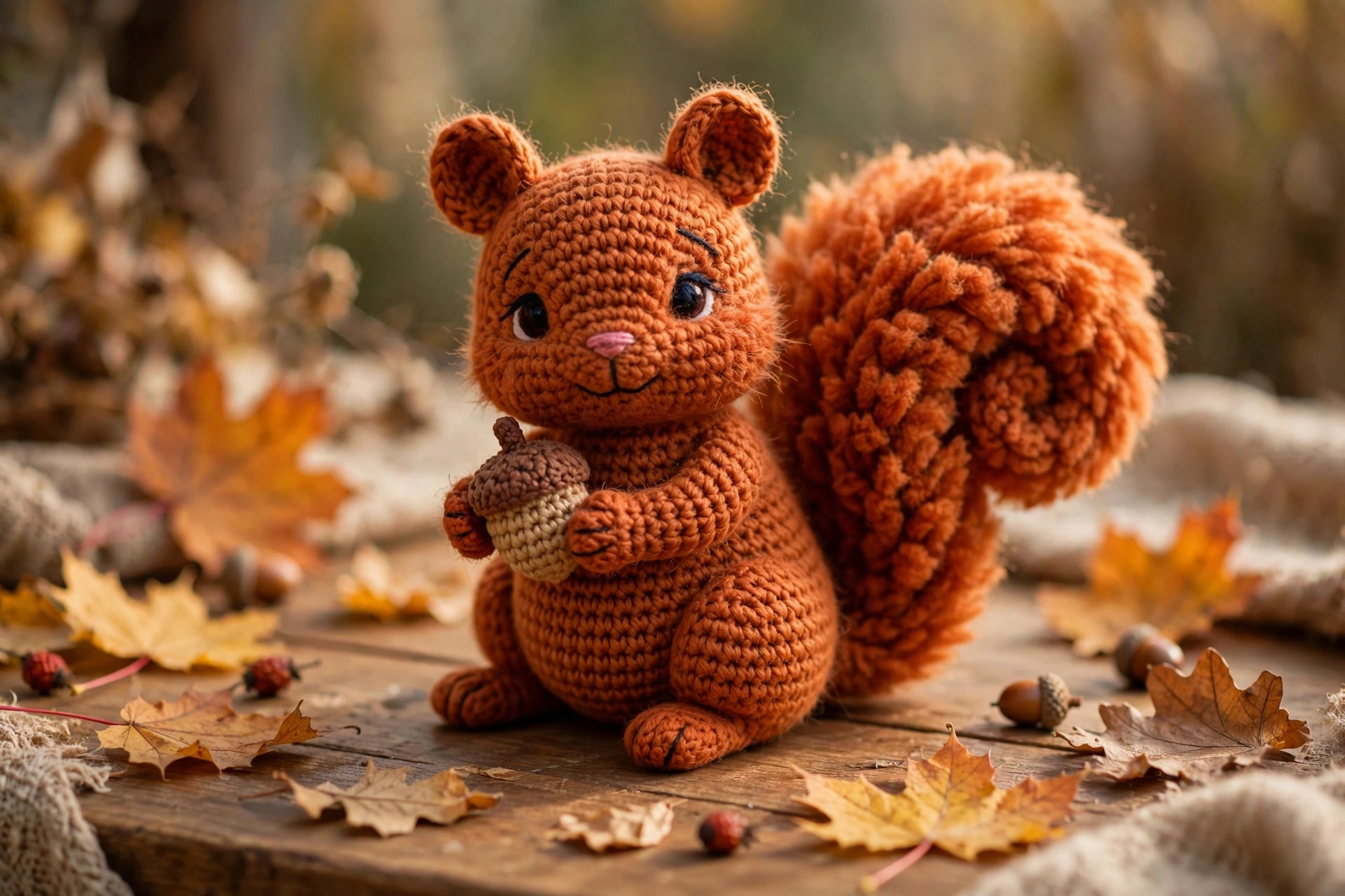 A crochet amigurumi squirrel in rusty orange yarn holding a tiny crochet acorn in its paws, sitting on a wooden table