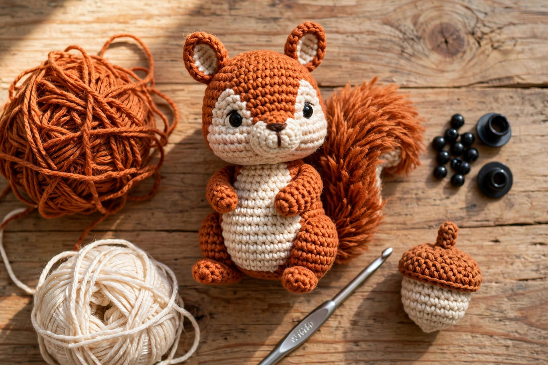 Flat lay of a finished crochet amigurumi squirrel in rusty orange and cream yarn with its tiny acorn, yarn balls and a crochet hook