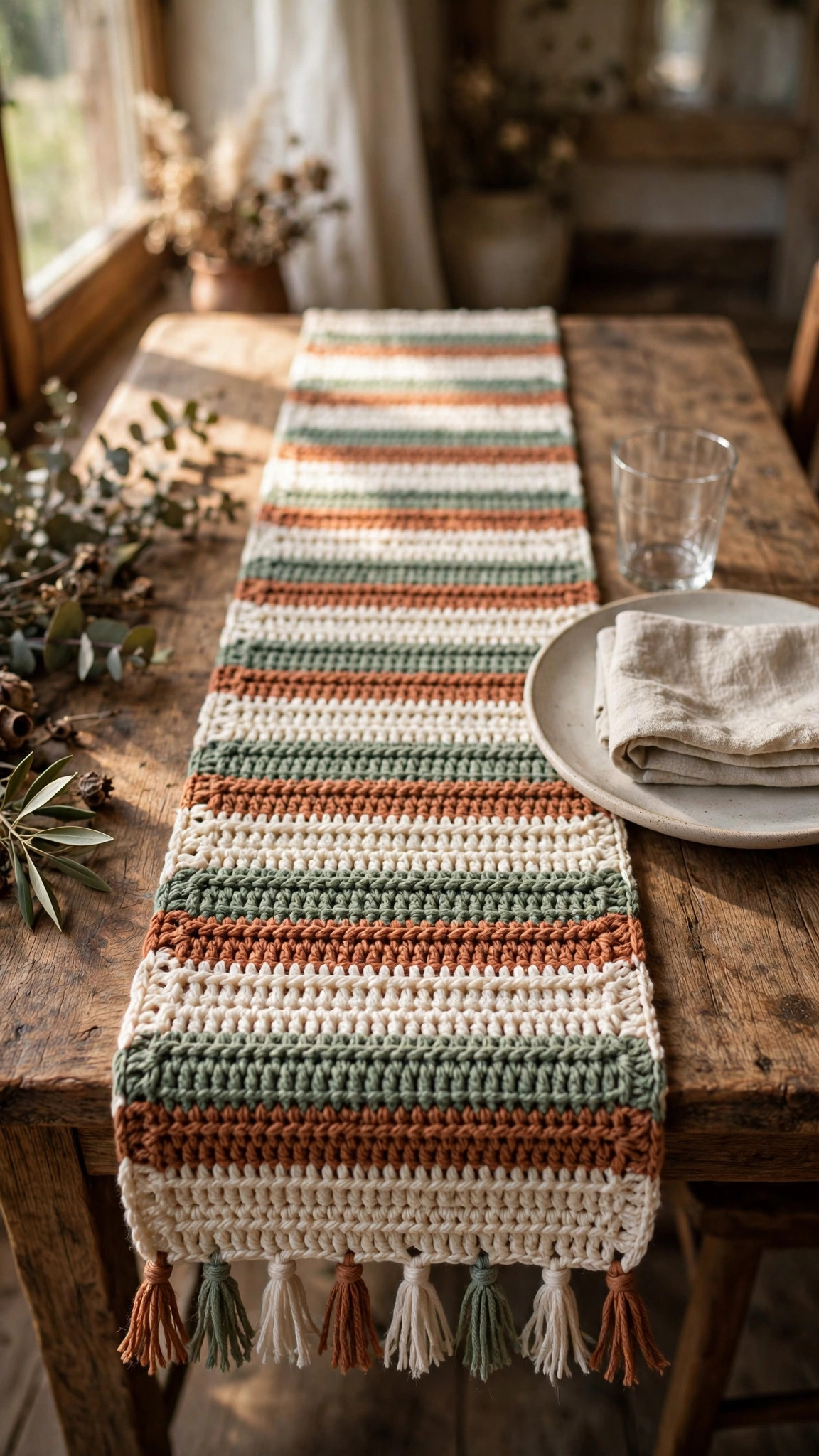 Crochet table runner patterns — striped runner in cream, sage and terracotta yarn on a rustic dining table