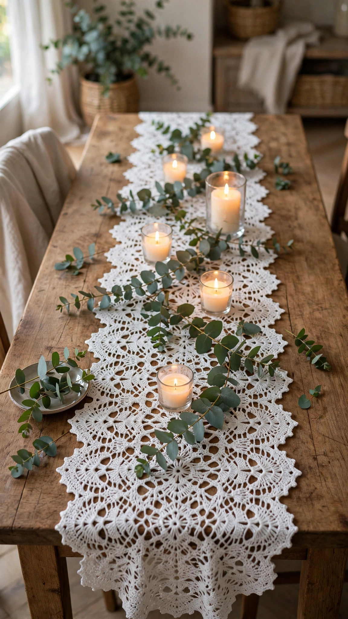 Lacy openwork crochet table runner in white cotton styled with candles and eucalyptus greenery on a wooden dining table