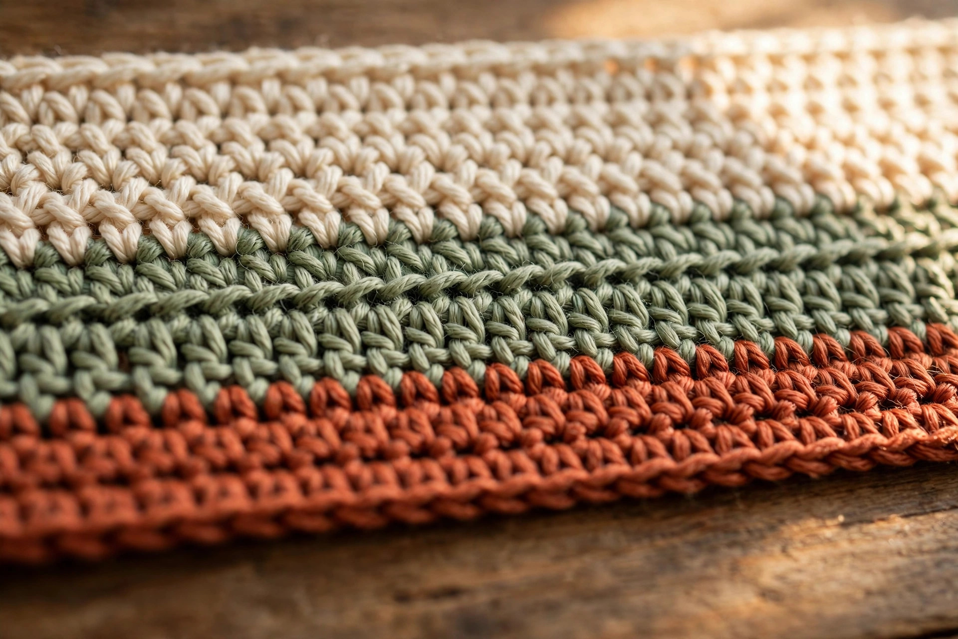 Close-up of striped crochet table runner showing double crochet stitch texture in cream, sage green and terracotta yarn