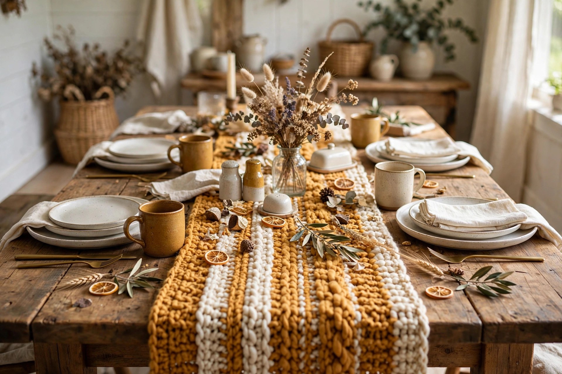 Full dining tablescape with a chunky textured crochet table runner in mustard and cream yarn, styled with plates and dried flowers