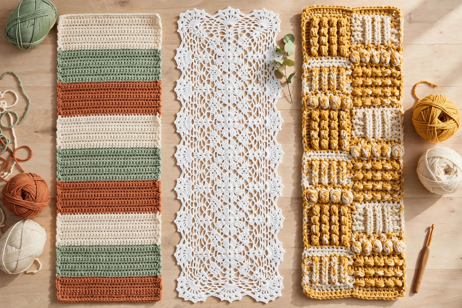 Flat lay of three finished crochet table runners side by side with balls of yarn and a crochet hook