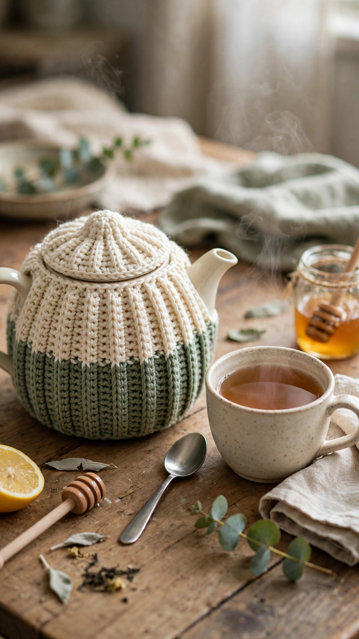 Crochet tea cozy pattern easy version on a teapot with a cup of steaming tea beside it, crochet tea cozy pattern