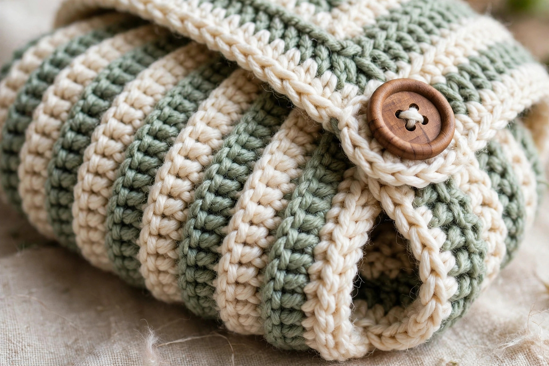 Close up of the ribbed stitches and wooden button closure in this crochet tea cozy pattern, crochet tea cozy pattern easy