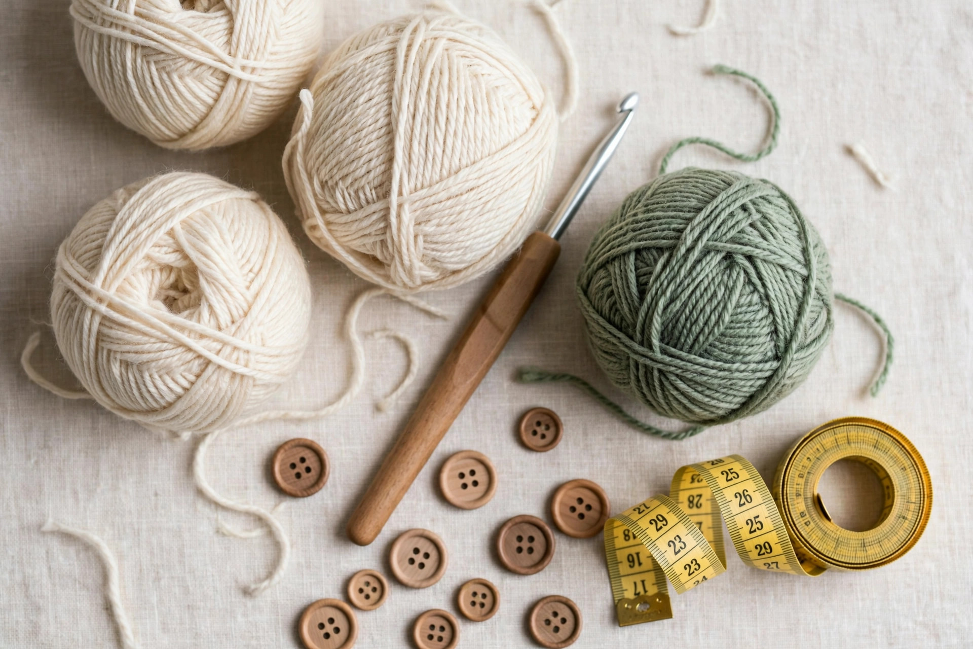 Materials for the easy crochet tea cozy pattern: yarn balls, crochet hook, wooden buttons and measuring tape, crochet tea cozy pattern