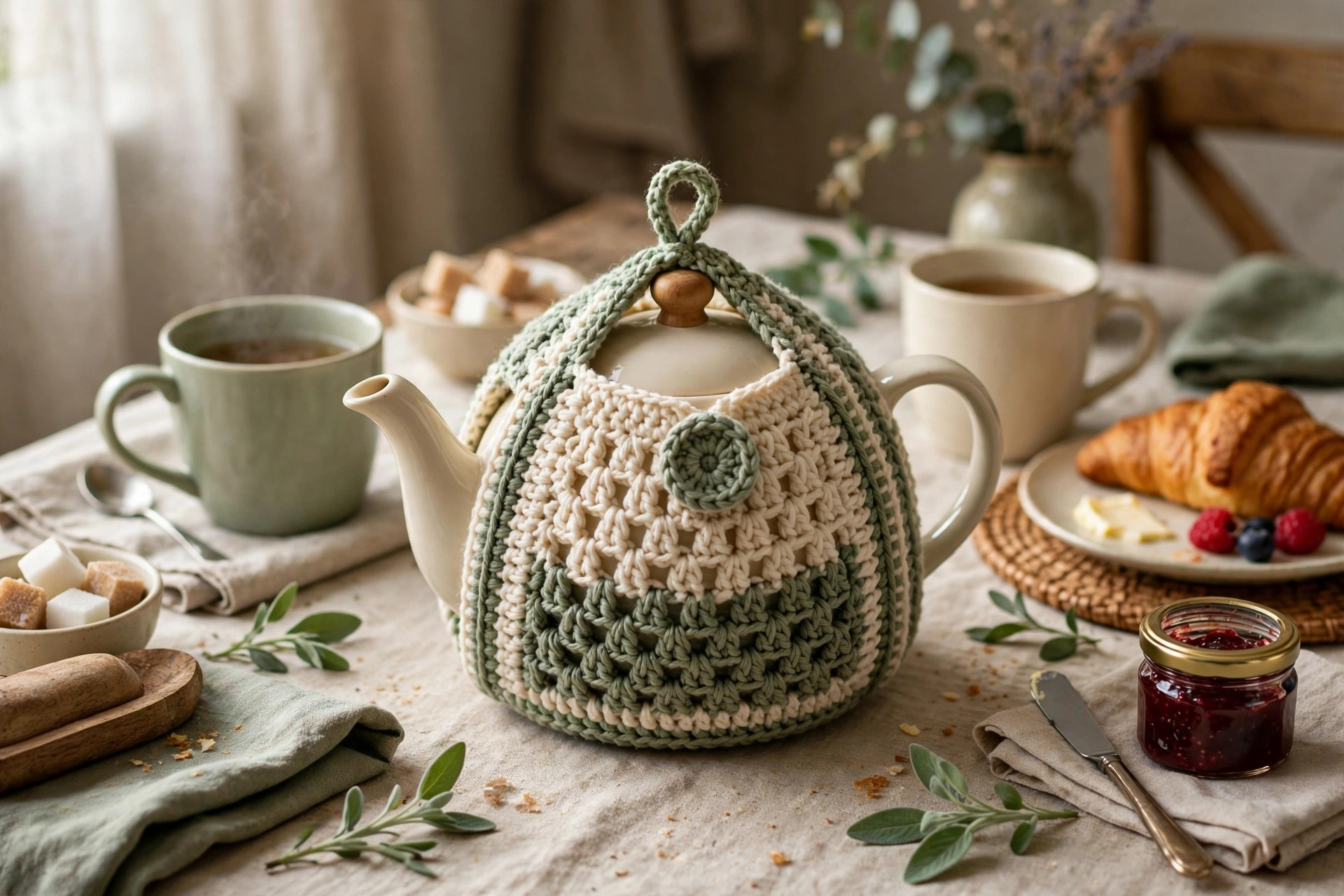 Finished crochet tea cozy pattern keeping a teapot warm on a breakfast table, crochet tea cozy pattern easy