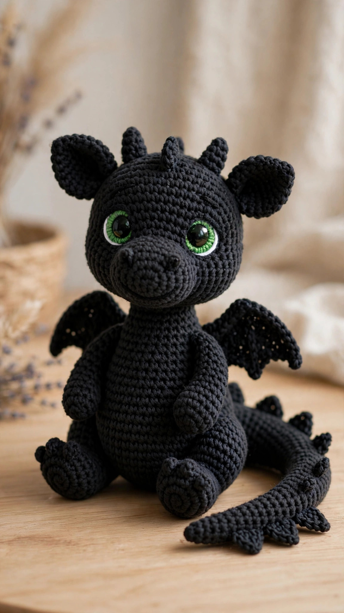 Crochet toothless free pattern — original black dragon amigurumi plush with big green eyes, little wings and tail fins sitting on a wooden table