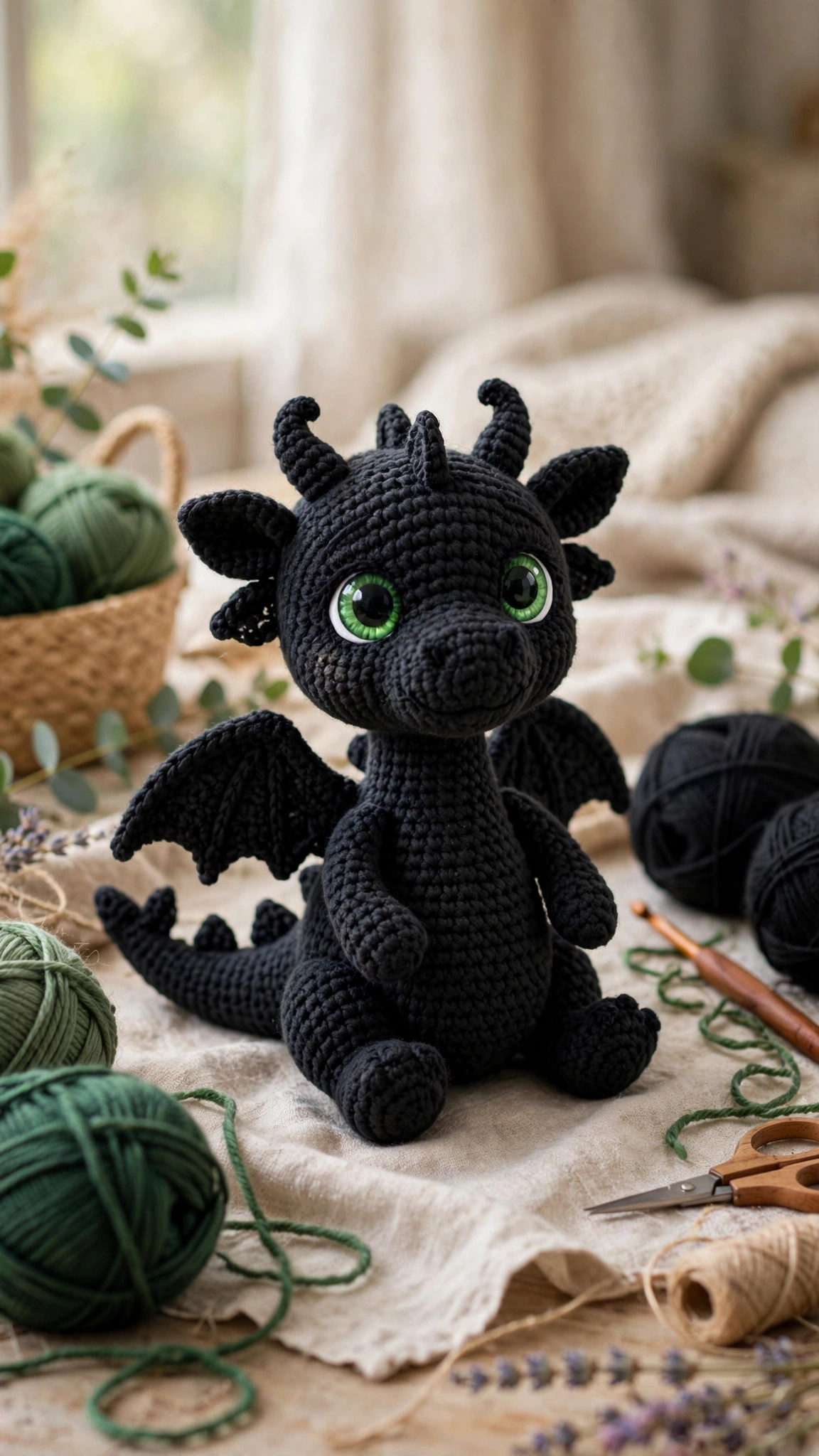 Pinterest-style black dragon crochet plush styled with black and green yarn and a crochet hook