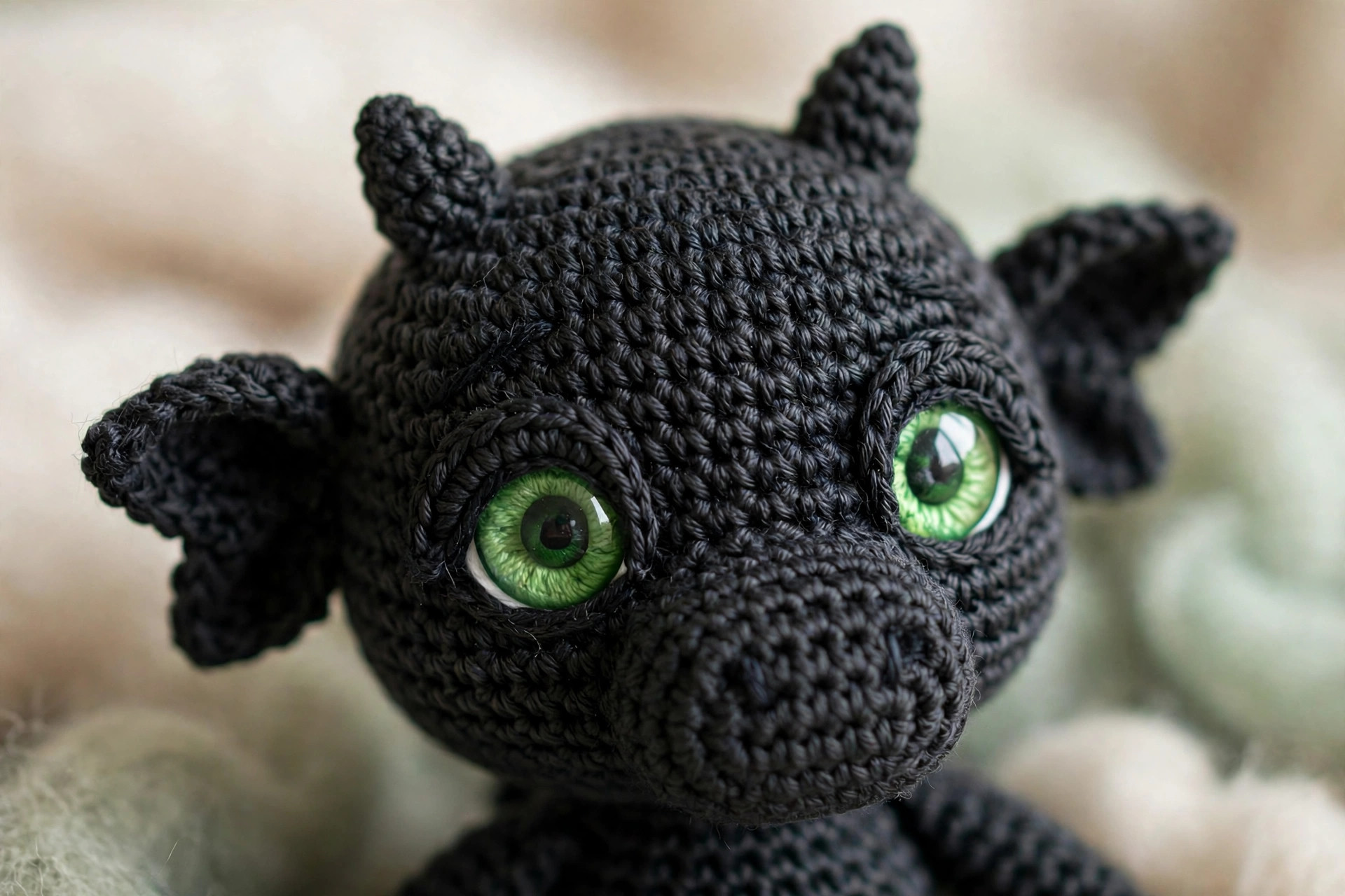 Close-up of black dragon crochet face showing big green eyes, broad head and short snout detail