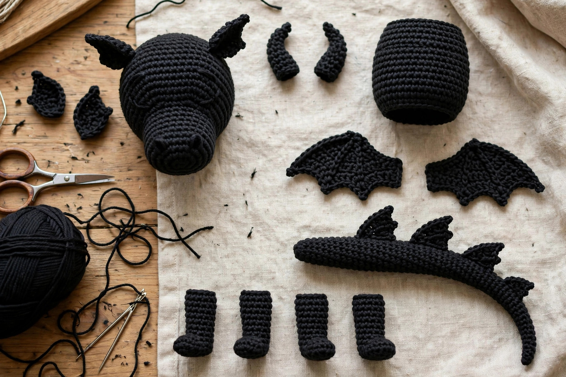 Black dragon crochet pattern pieces — head, body, wings, tail, fins, ears and legs — laid out before assembly