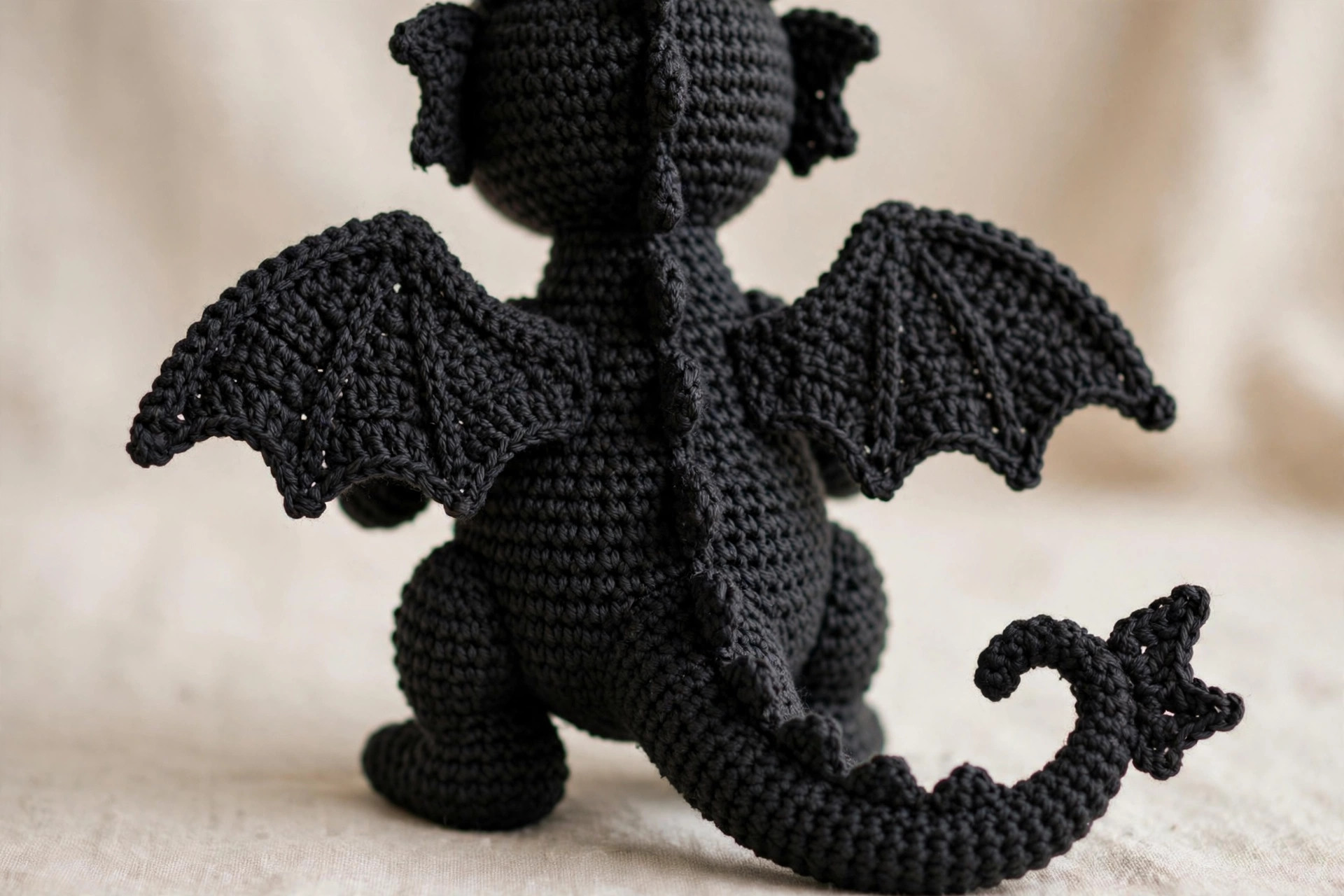 Back view of finished black dragon crochet amigurumi showing little wings, long tail and tail fins