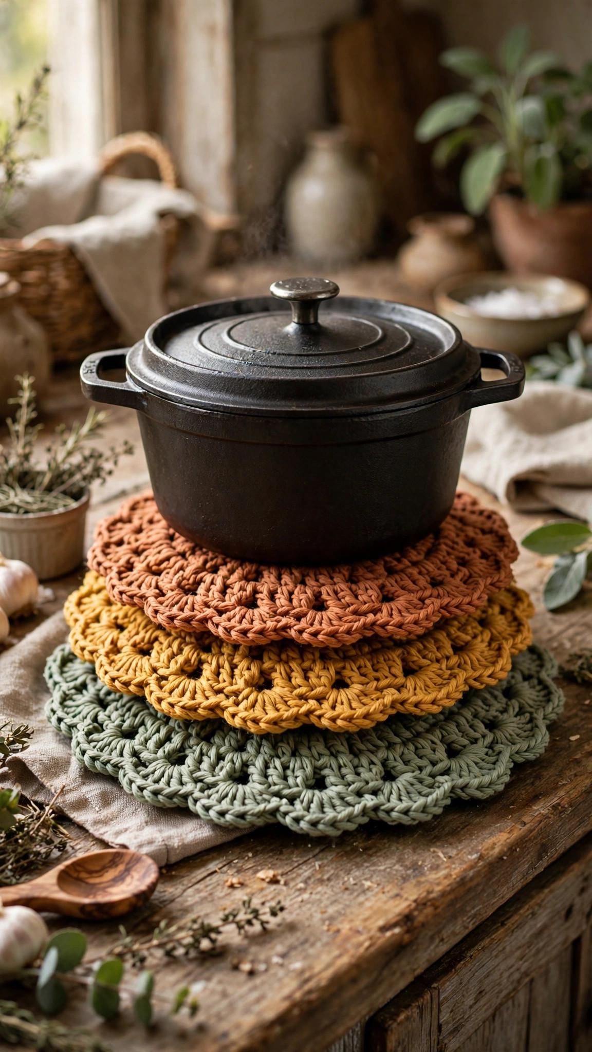 Crochet trivet patterns free, stack of handmade crocheted trivets in warm colors with a hot pot resting on top